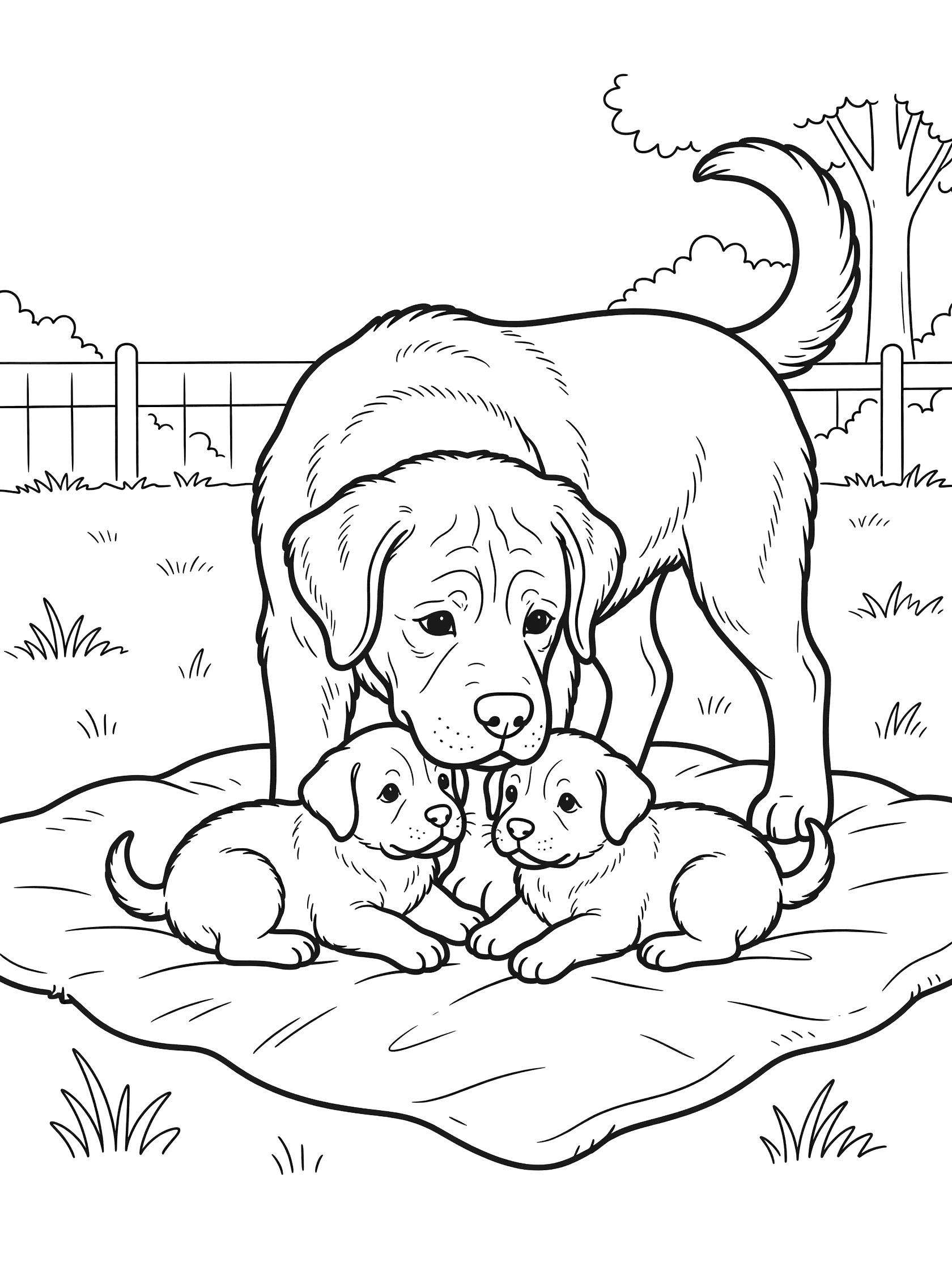 Line art coloring page showing a large Mastiff dog protectively nuzzling three small puppies on a soft blanket with grass and fence in the background