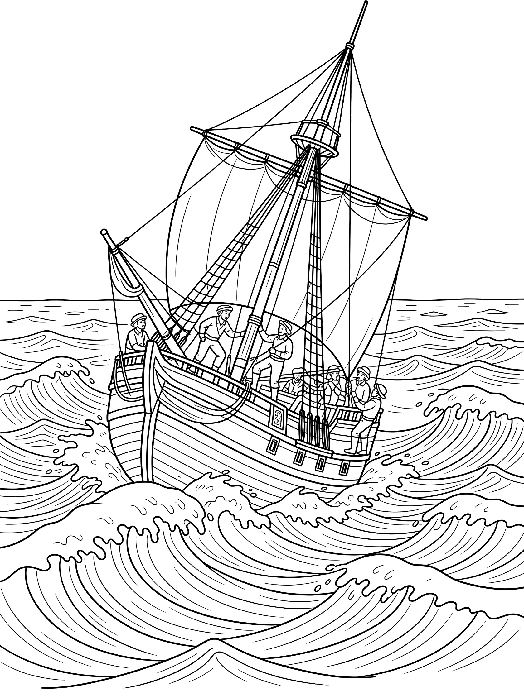Black and white line art of Mayflower ship in rough ocean waves with crew members on deck holding ropes and sails
