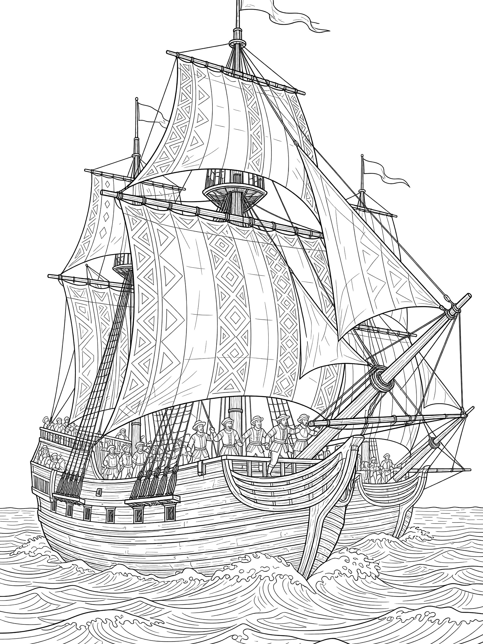 Detailed line art coloring page of Mayflower ship crew hoisting large patterned sails while sailing through waves on the sea.