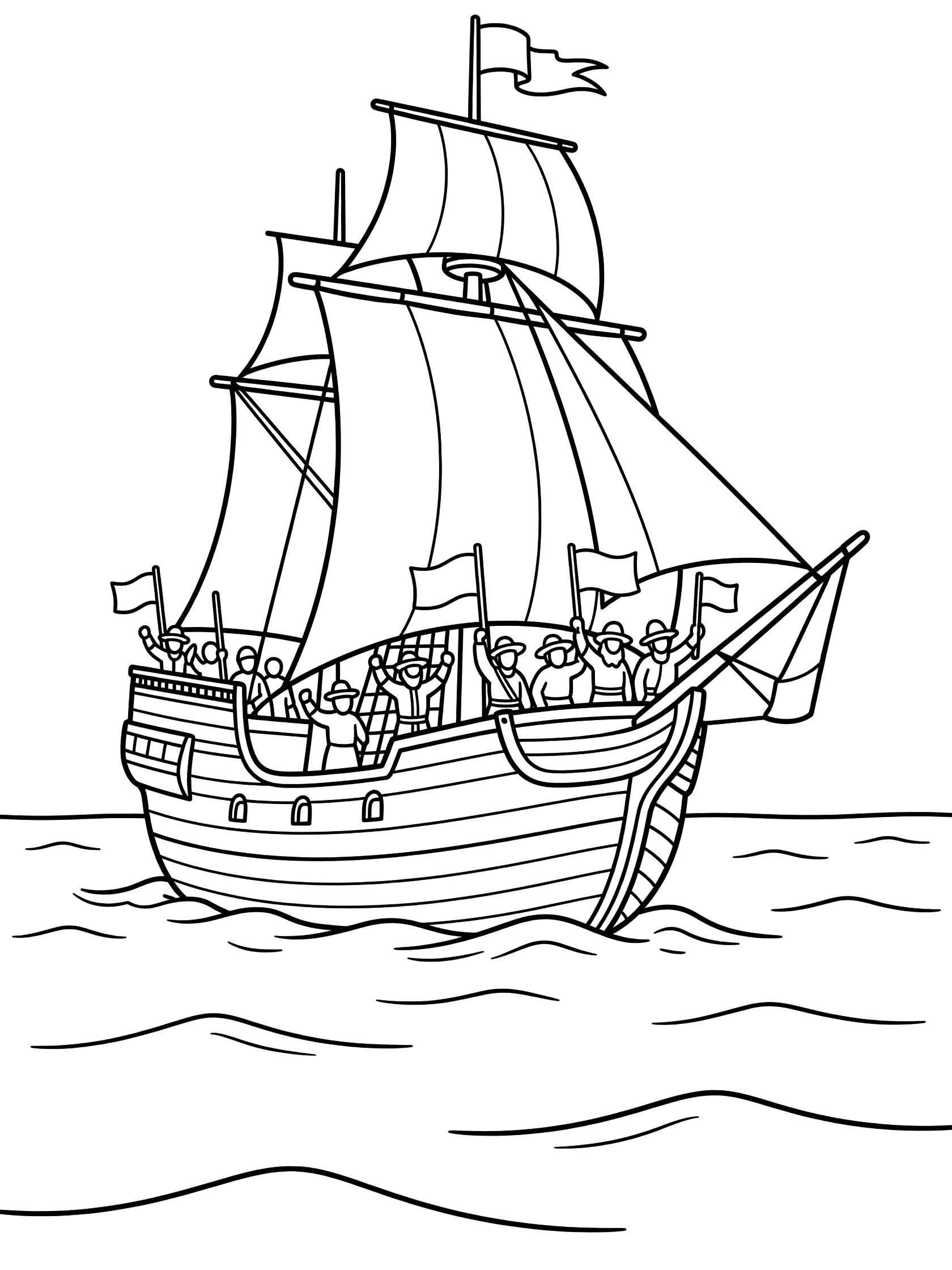 Black and white line art of Mayflower ship sailing on ocean waves with pilgrims on deck holding flags, bold outlines for easy coloring.