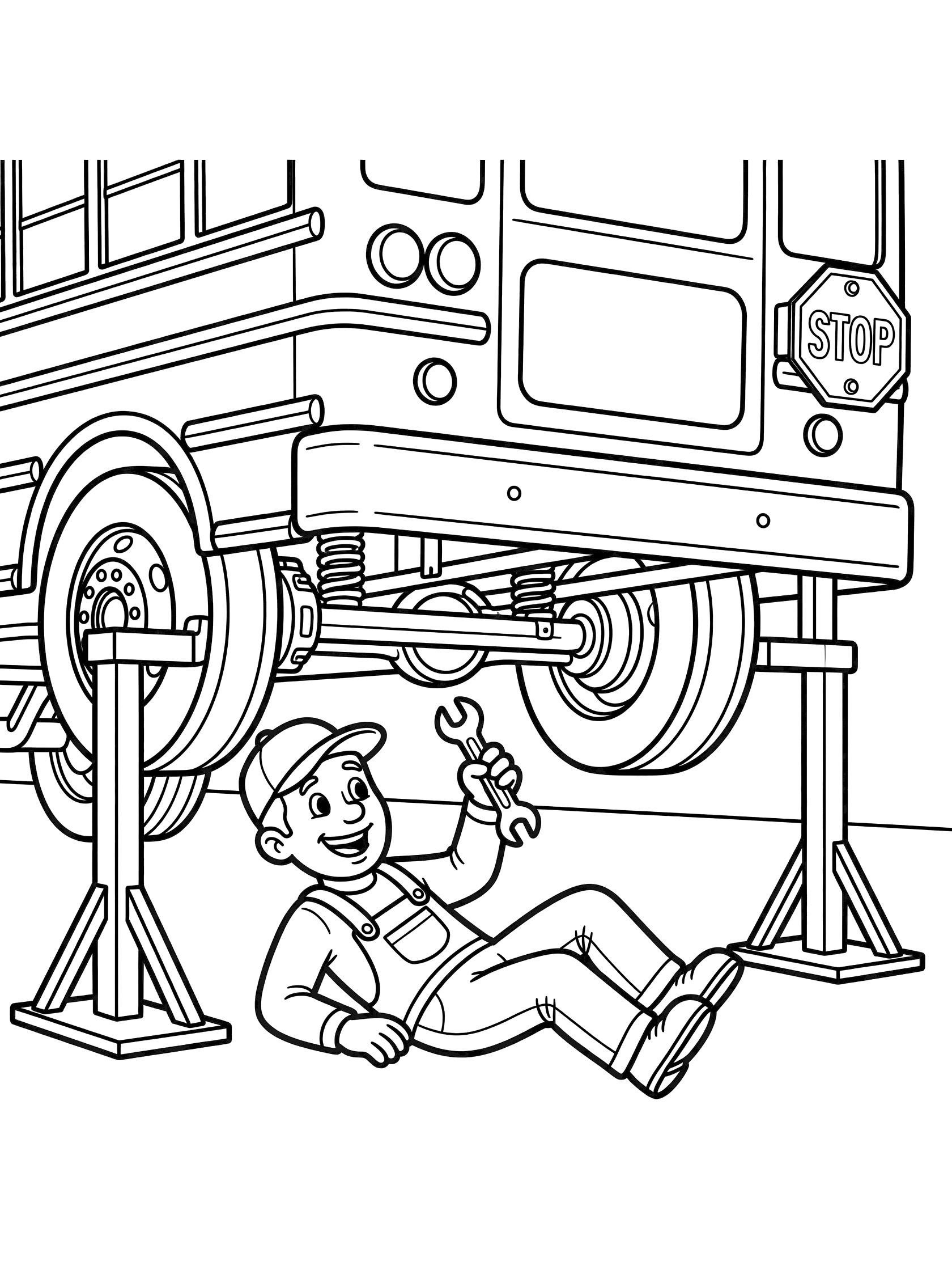 Black and white line art of a smiling mechanic under a school bus inspecting brakes with a wrench, wheels and stop sign visible, propped on safety stands.