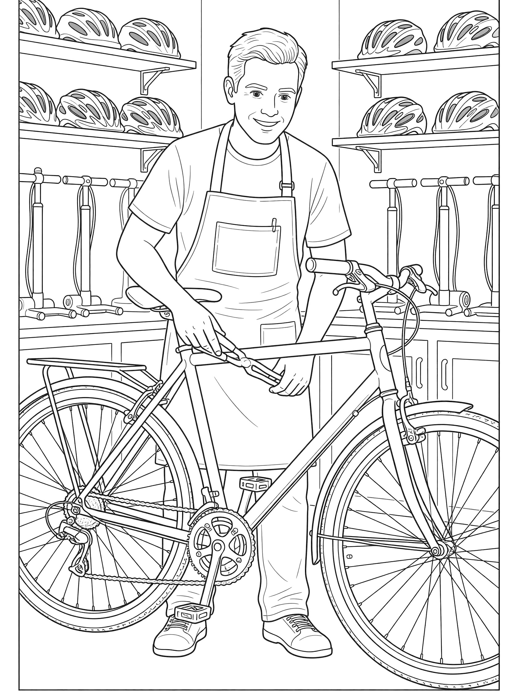 Line art coloring page showing a mechanic wearing an apron and using pliers to adjust an upright bicycle in a shop with bike helmets on shelves.
