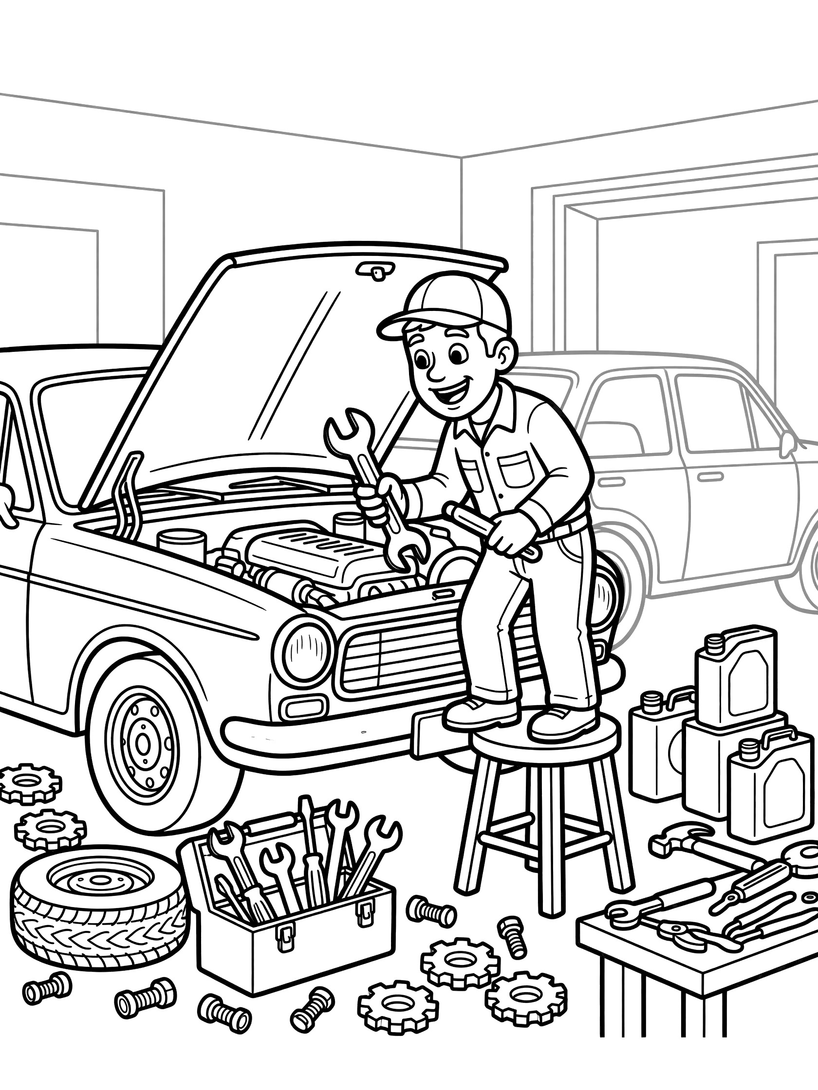 Black and white coloring page of a smiling mechanic on a stool peering into a car hood with a big wrench, toolbox and parts on the garage floor.