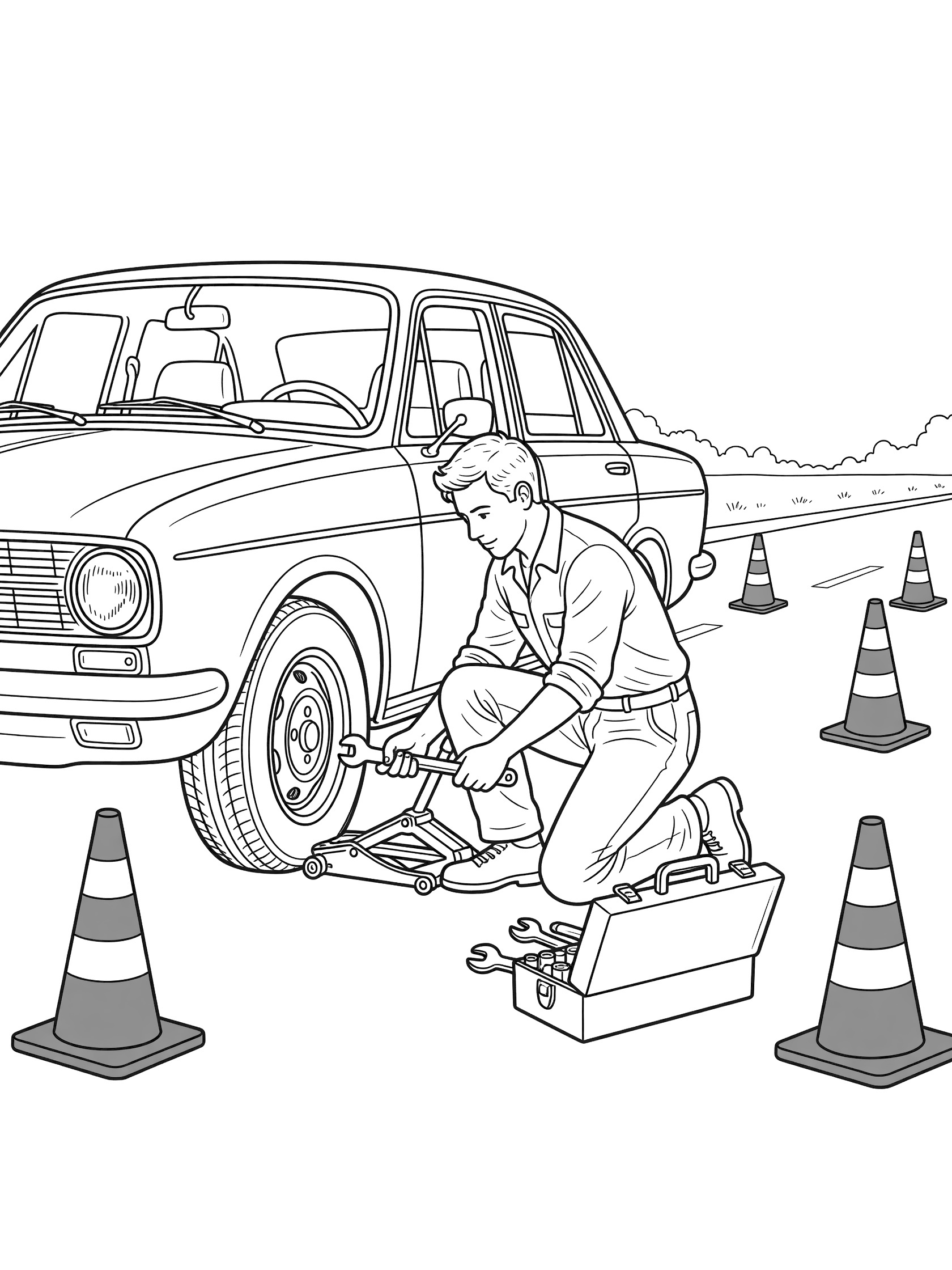 Black and white line art of a mechanic changing a flat tire on a car at the roadside with jack, lug wrench, toolbox, and traffic cones.