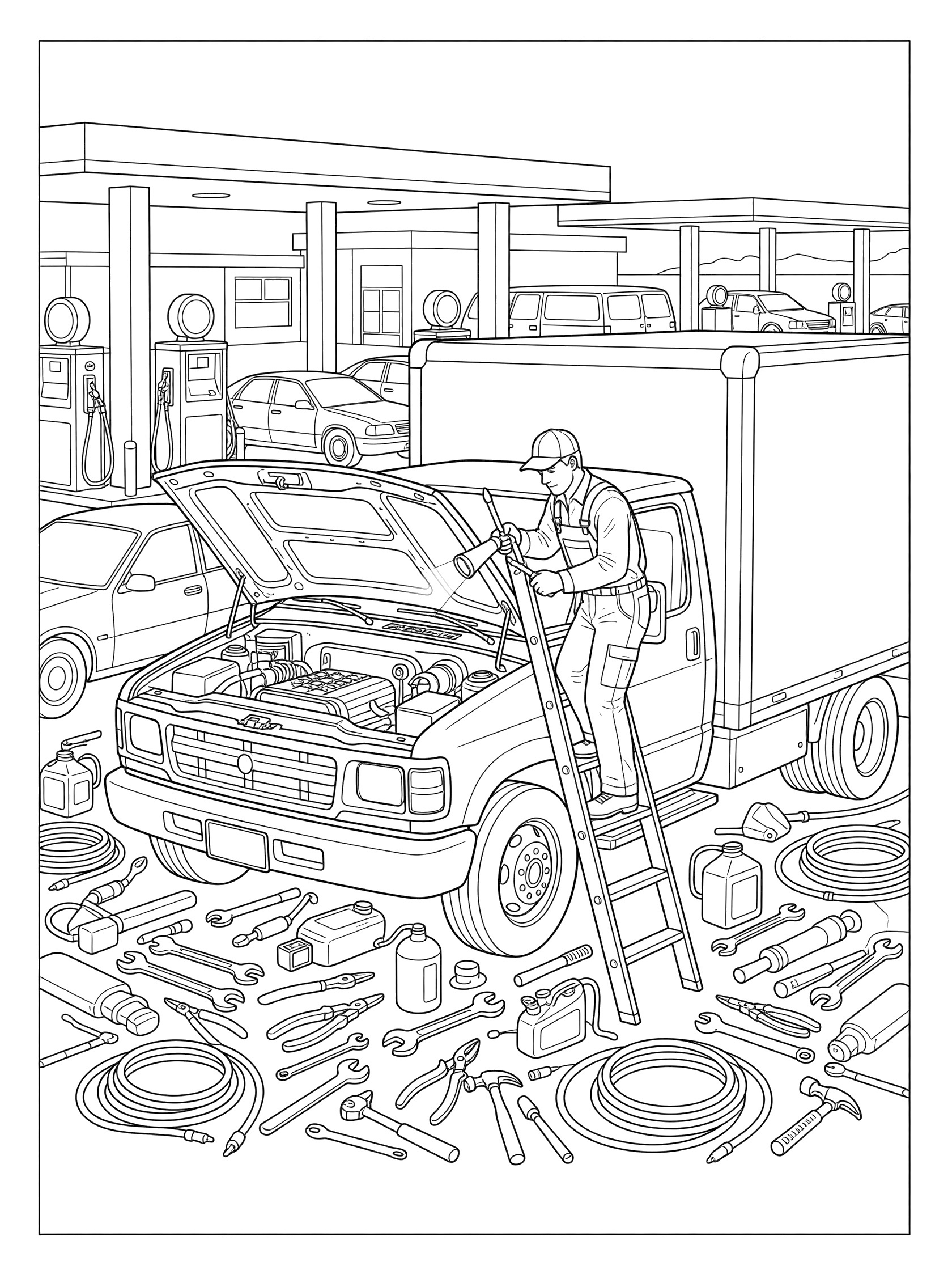 Black and white coloring page of a mechanic climbing a ladder to repair the open engine of a delivery truck at a service station with gas pumps and tools on the ground.