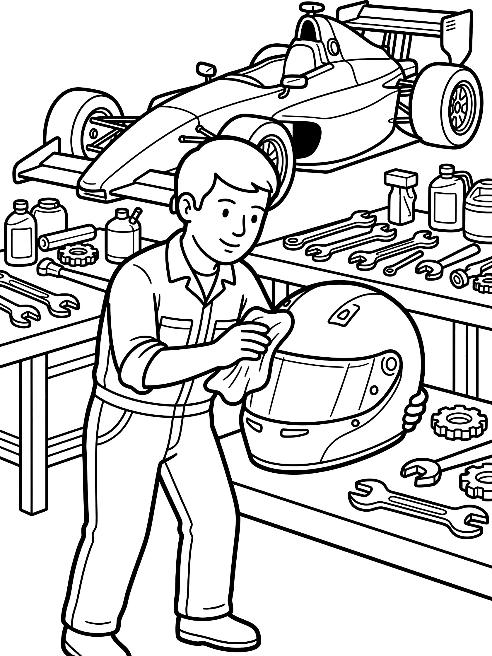 Line art coloring page showing a mechanic buffing a shiny racing helmet with a cloth at a workbench in a garage, surrounded by tools and spare parts, with an Indy car visible behind.