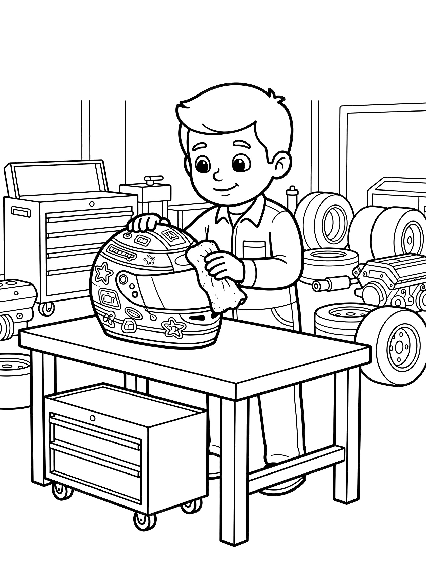 Black and white coloring page of a mechanic polishing a racing helmet in a stock car garage with toolboxes, tires, and spare parts.