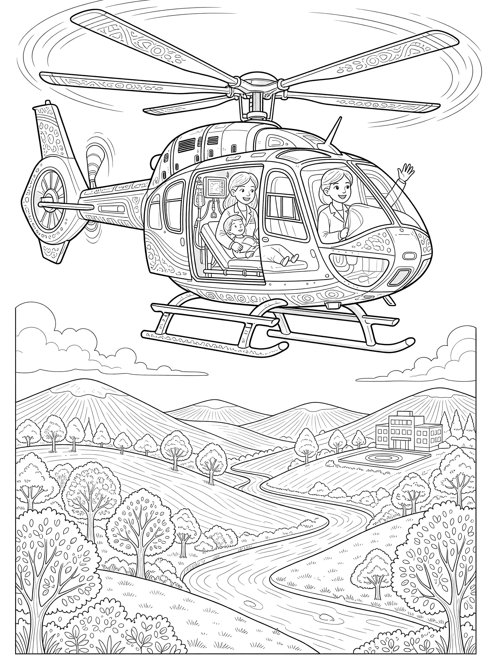 Black and white line art of a medical helicopter in flight with open door showing medic and patient inside, pilot waving, over landscape with trees, river, hills, and hospital.