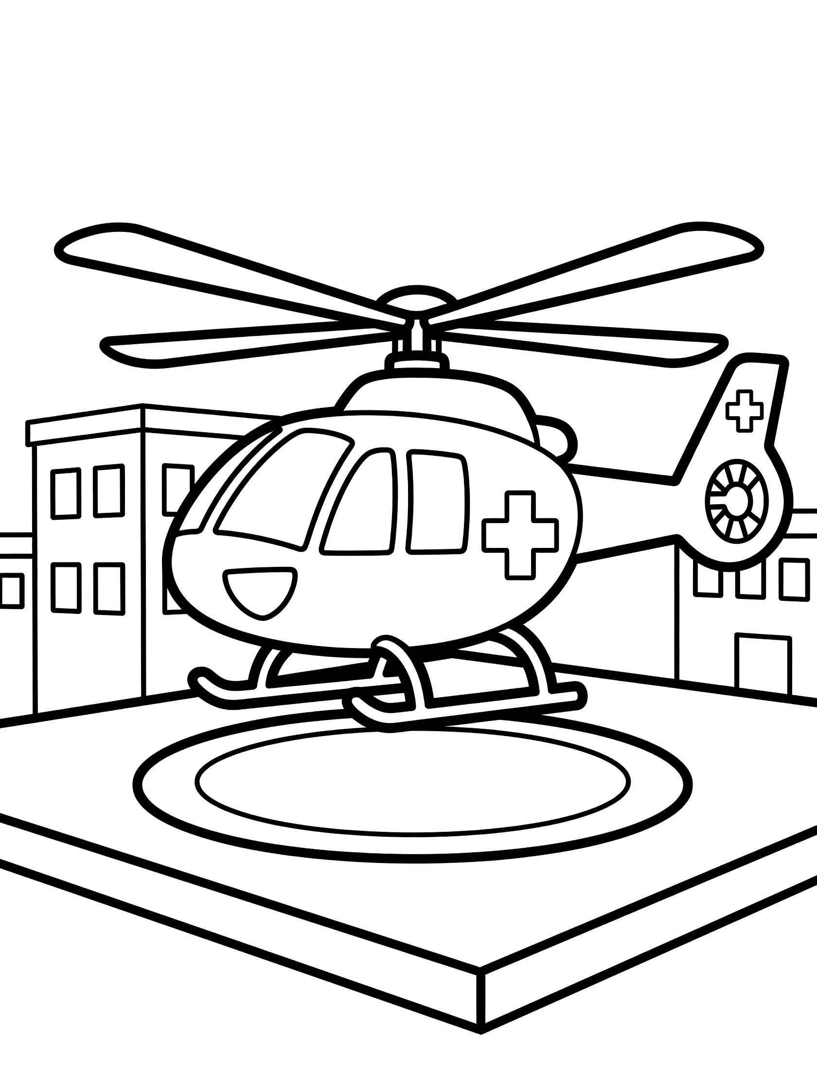 Black and white line art of a medical helicopter landing on a hospital rooftop with helipad, rotors, skids, and red cross symbols.