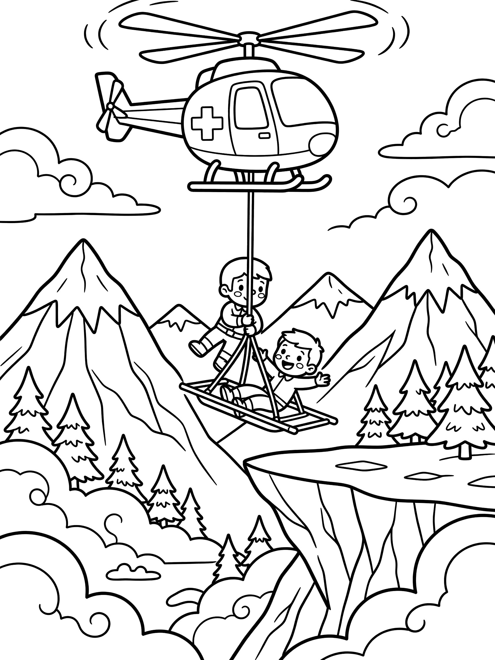 Black and white coloring page of a medical helicopter rescue over jagged mountains with a rescuer lowering a stretcher from spinning rotors.