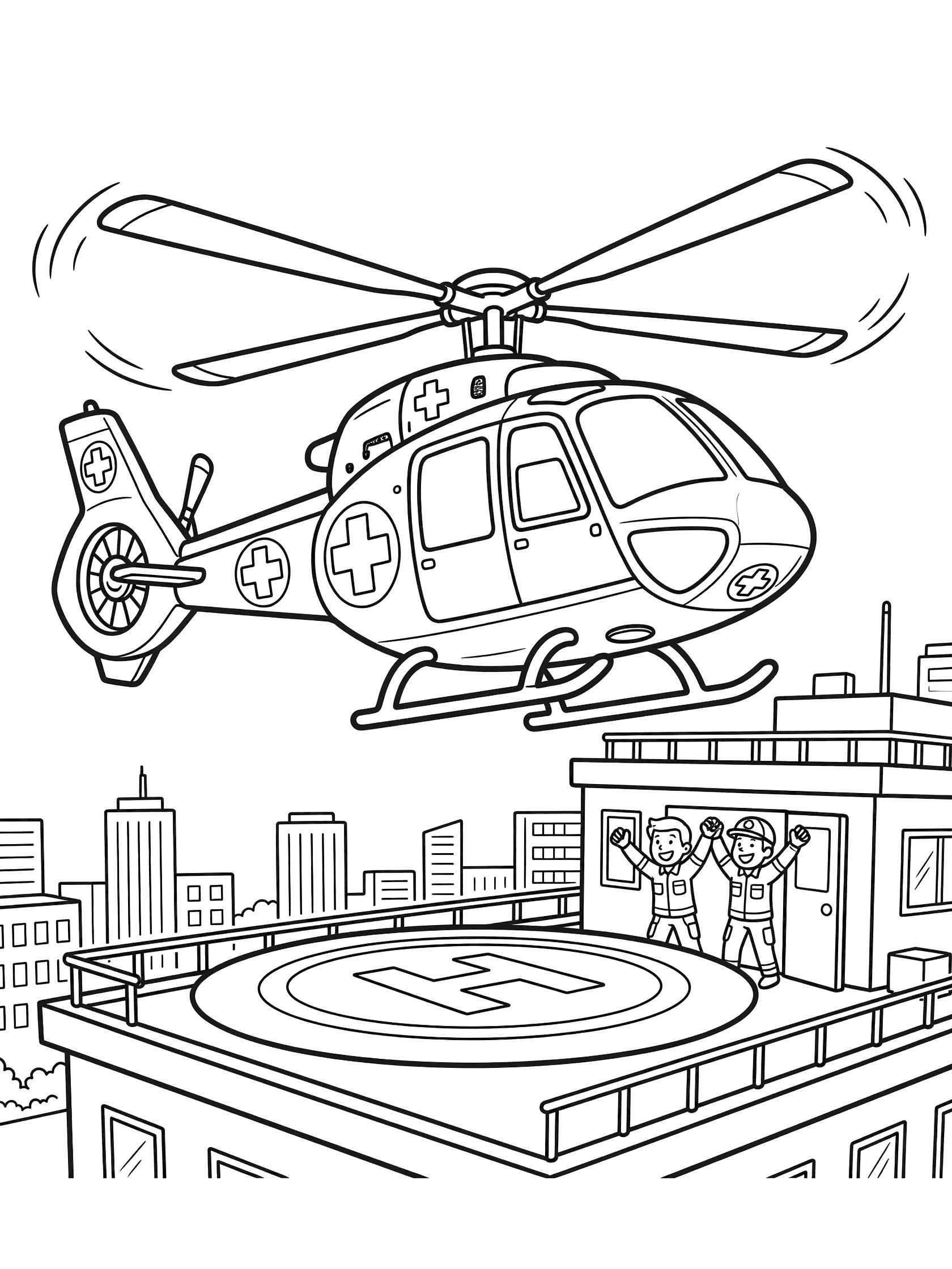 Black-and-white line art of a medical helicopter with rotors spinning, tilting upward from hospital rooftop 'H' helipad, paramedics waving below, and city buildings in background.