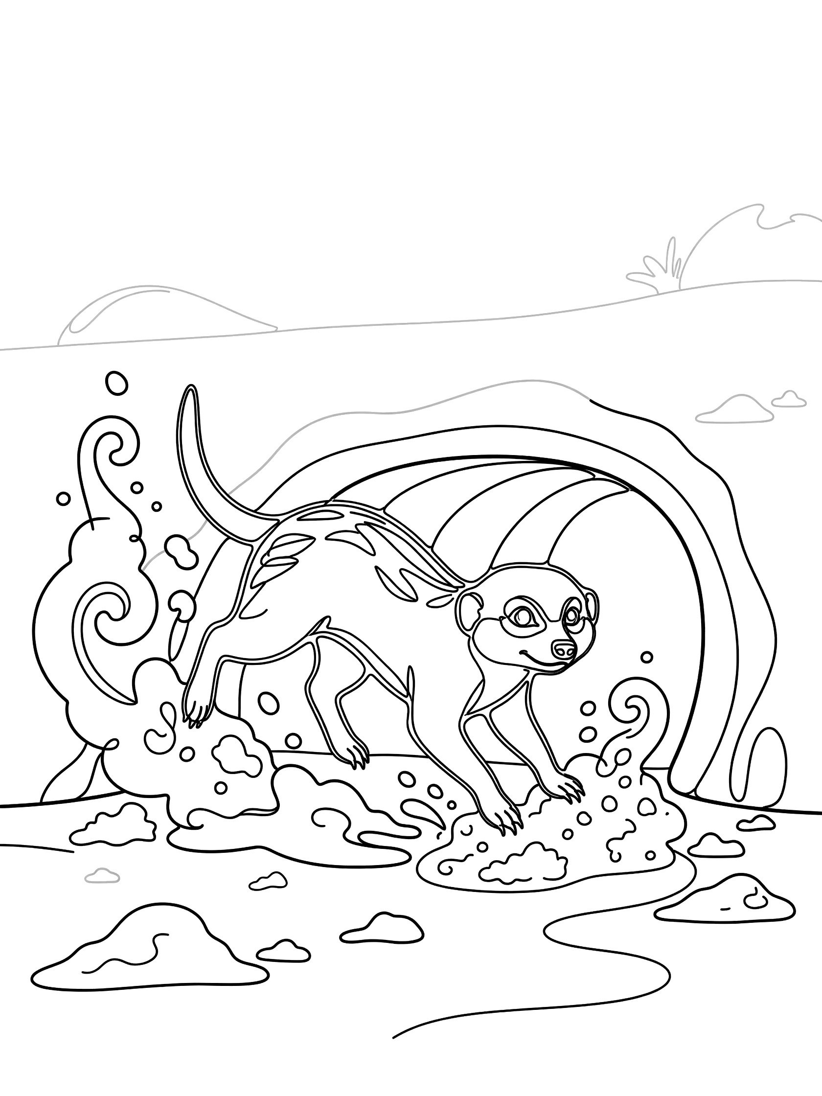 Black and white line art coloring page showing a playful meerkat with big eyes digging front paws into a curved burrow hole, kicking up sand piles with back paws, tail curled, on white background.