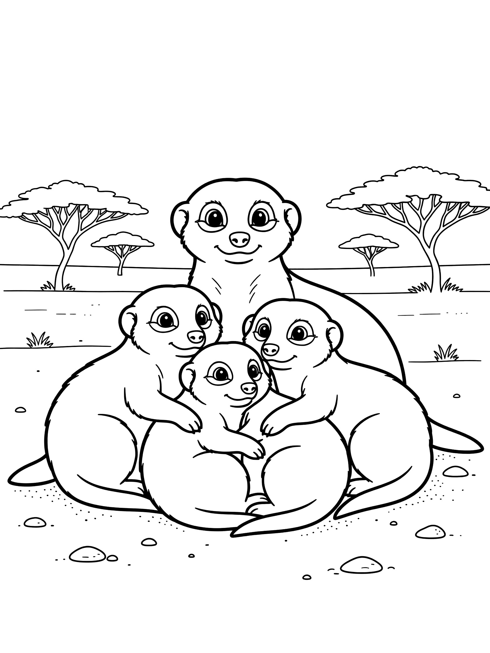 Black and white coloring page of a meerkat family group cuddling on sandy ground with pebbles and simple acacia tree outlines in the background.