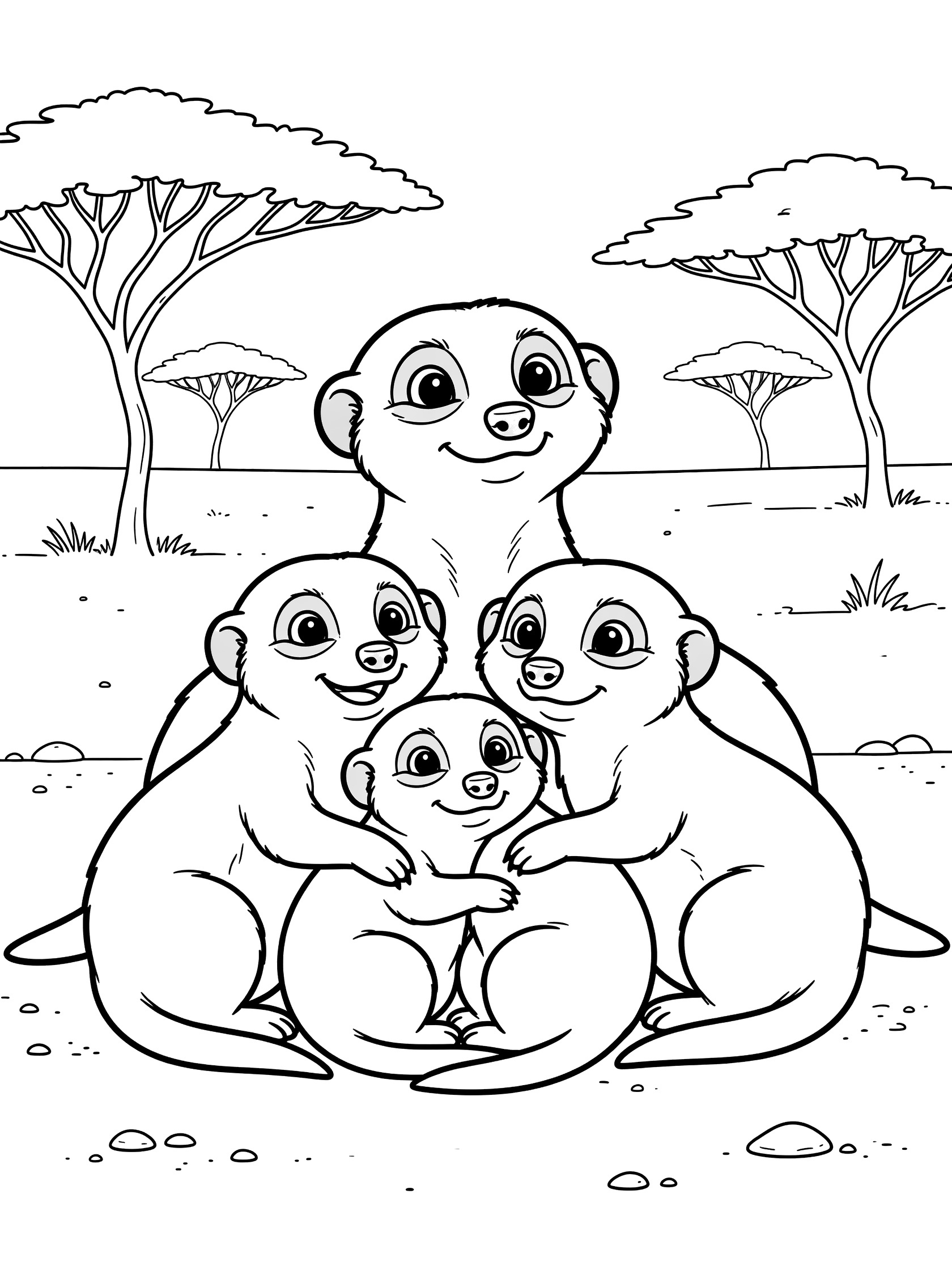 Black and white line art of four cartoon meerkats in a family hug pile on sandy ground with pebbles, sparse acacia trees, and savanna backdrop