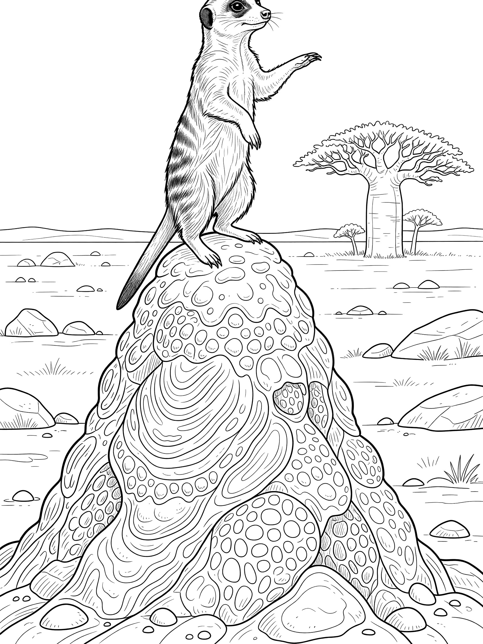 Black and white line art coloring page showing a meerkat balancing on a tall textured termite mound, one paw raised, with rocks and a distant tree on the savanna.