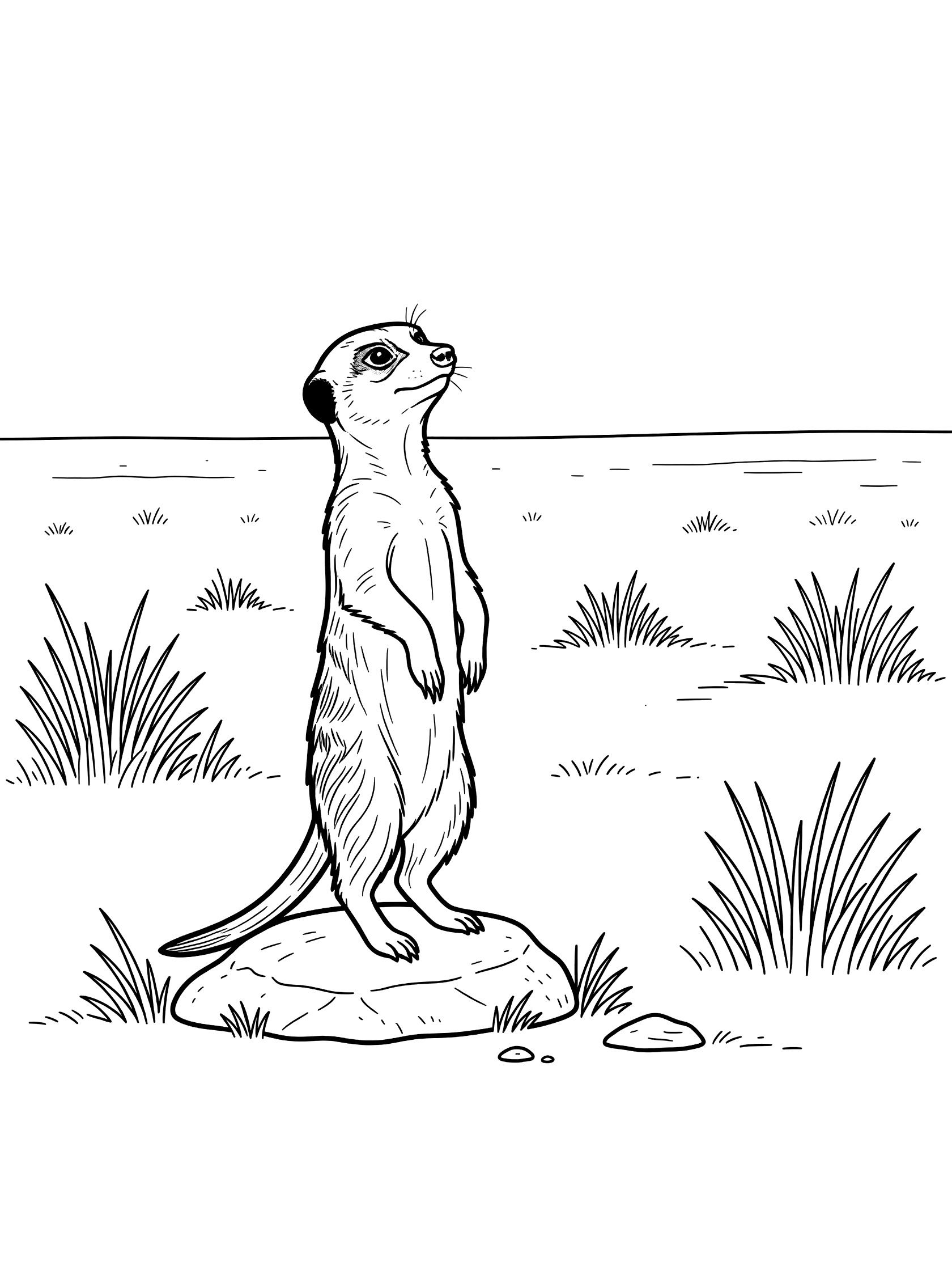 Black and white line art coloring page of a meerkat standing on hind legs on a rock, looking alert with paws up, grass tufts on savanna plain.