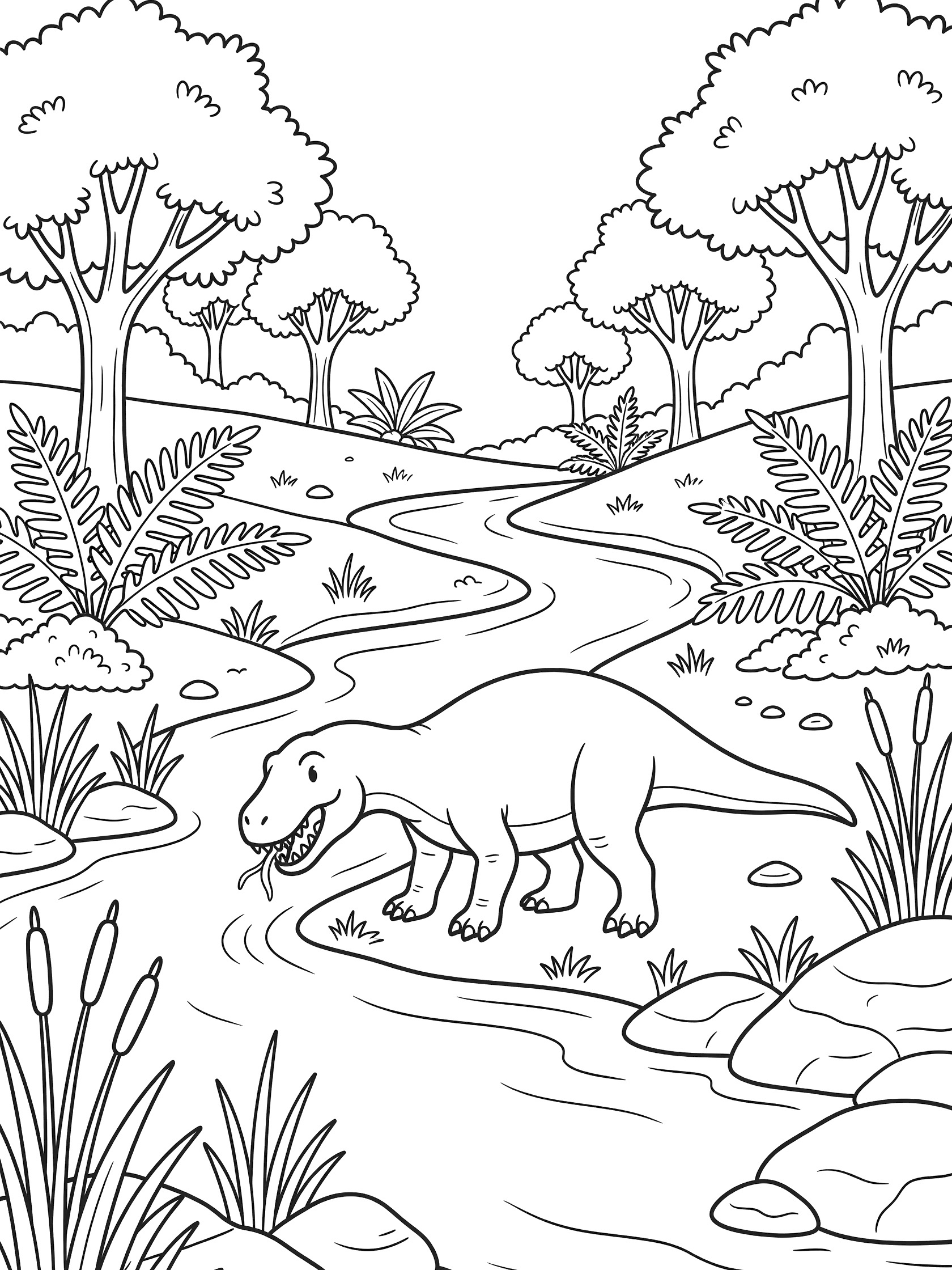 Line art coloring page showing a Megalosaurus dinosaur bending down to drink from a river, surrounded by lush ferns, tall trees, reeds, rocks, and a flowing riverbank.