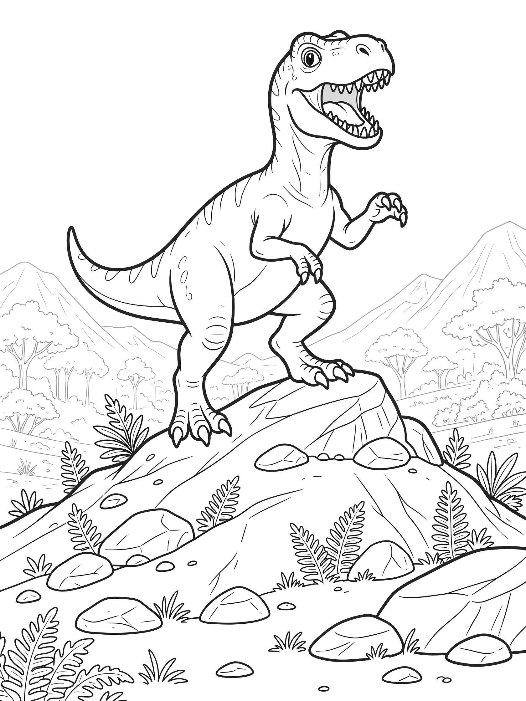 Whimsical line art coloring page of a Megalosaurus dinosaur standing on a steep rocky hill, open mouth roaring, big eyes, with jagged boulders, ferns, and distant prehistoric valley.