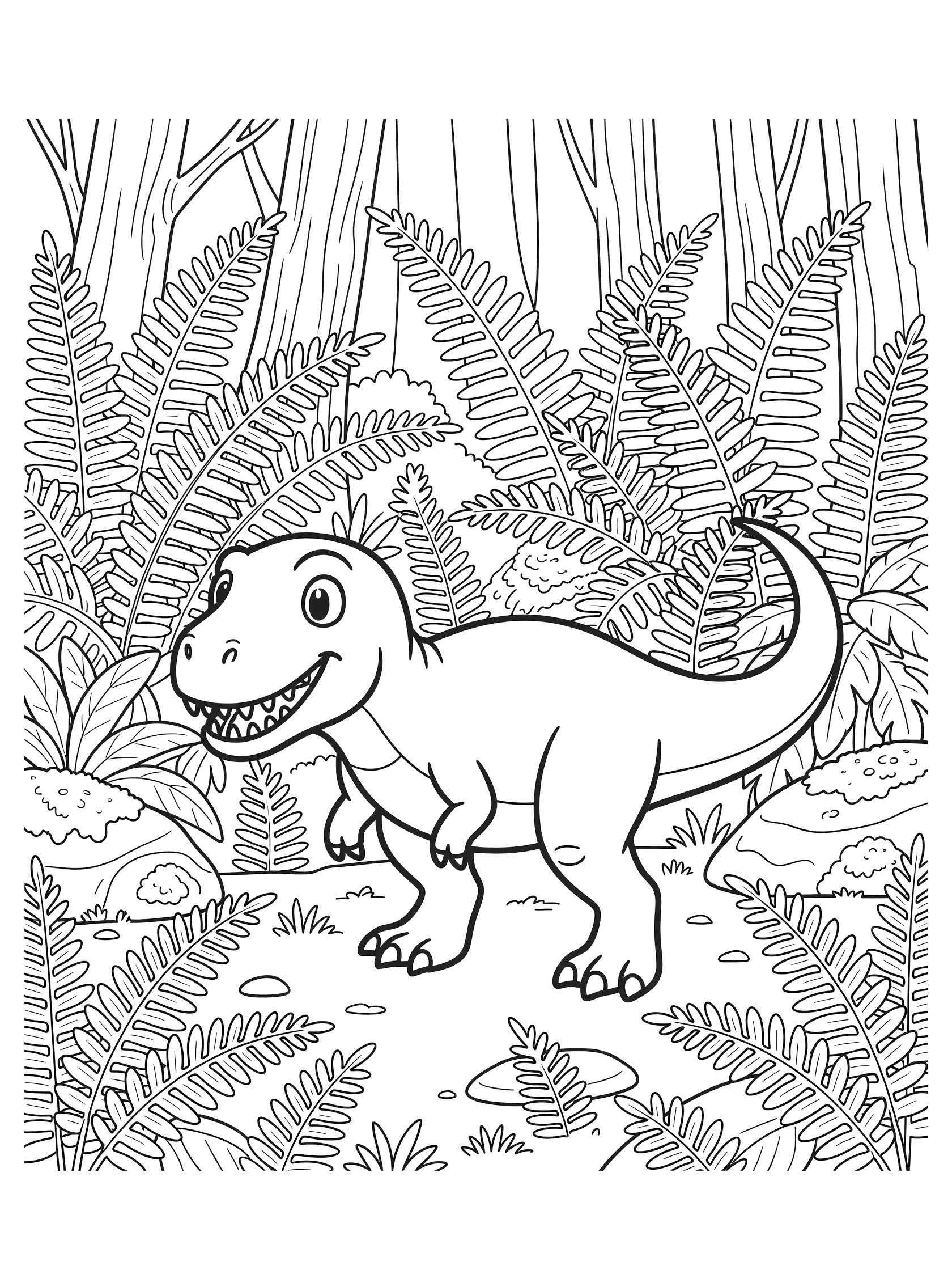 Cute cartoon Megalosaurus dinosaur with big eyes and open jaws stalking stealthily through tall ferns and mossy rocks in a prehistoric forest coloring page
