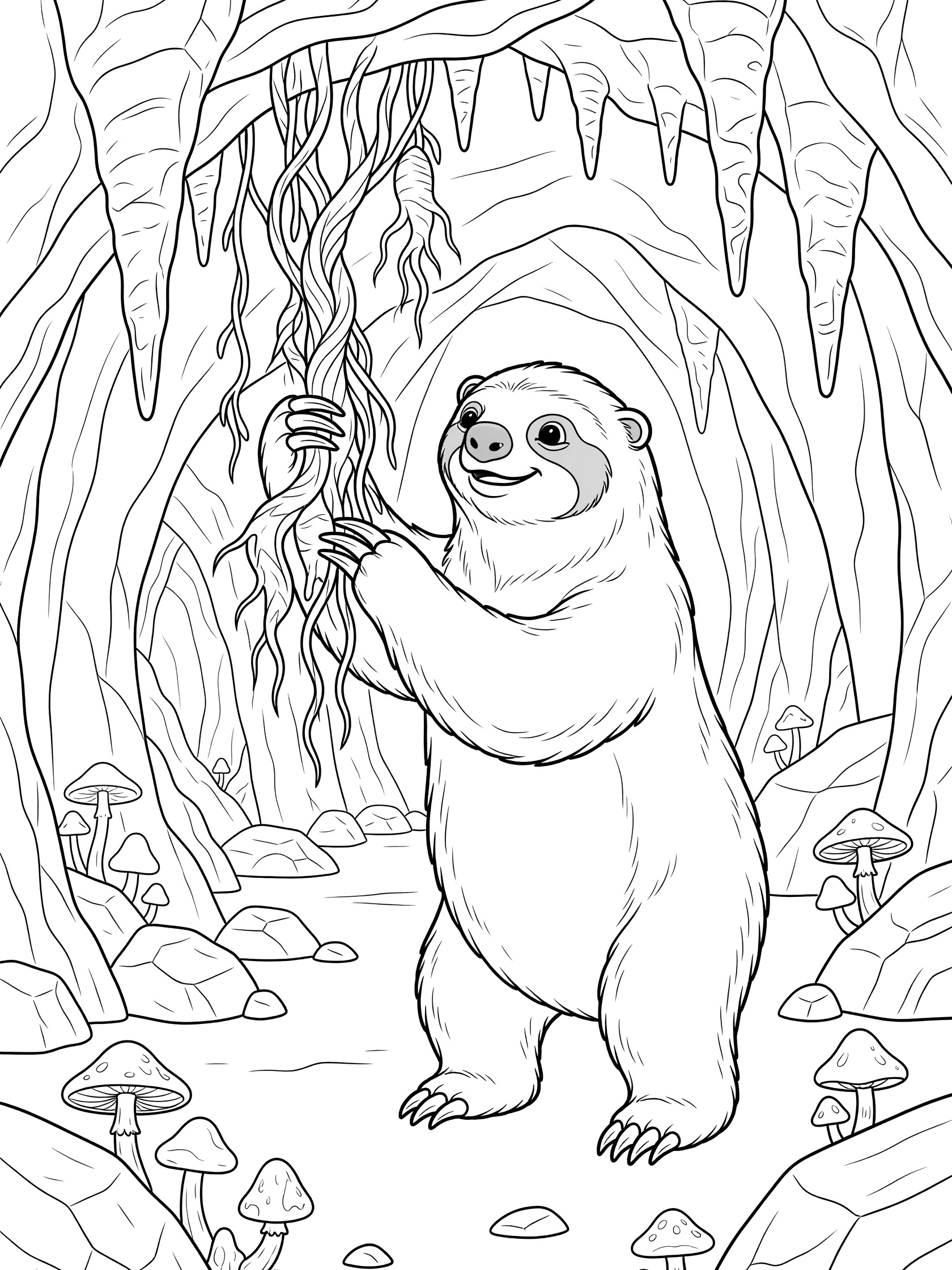 Line art coloring page showing a Megatherium foraging in a cave, reaching with long claws for vines among stalactites, mushrooms and rocks.
