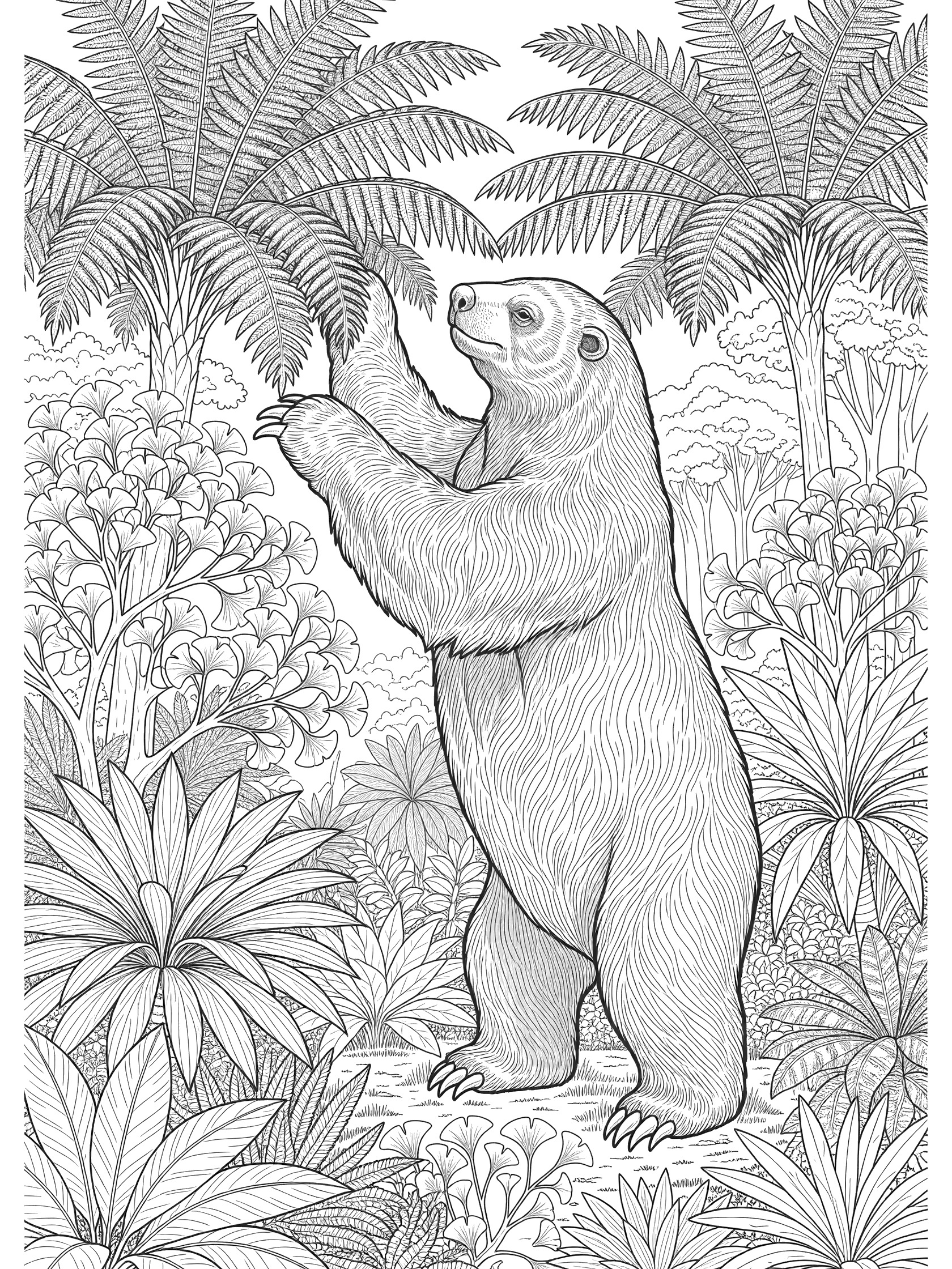 Black and white coloring page showing a Megatherium giant ground sloth rearing up on hind legs with long claws reaching for fern leaves, surrounded by detailed prehistoric plants and trees.