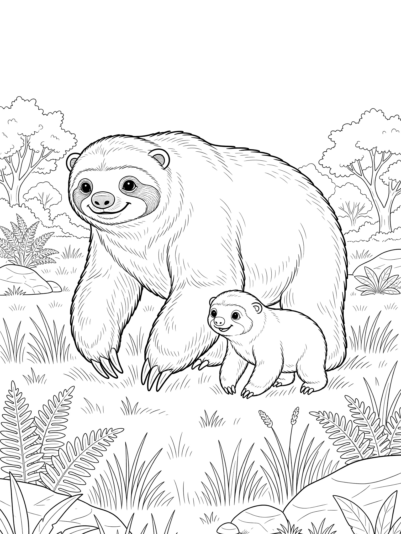 Black and white line art of a large Megatherium sloth walking with small baby sloth nuzzling its leg in a sunny meadow with tall grasses, ferns, rocks and trees.