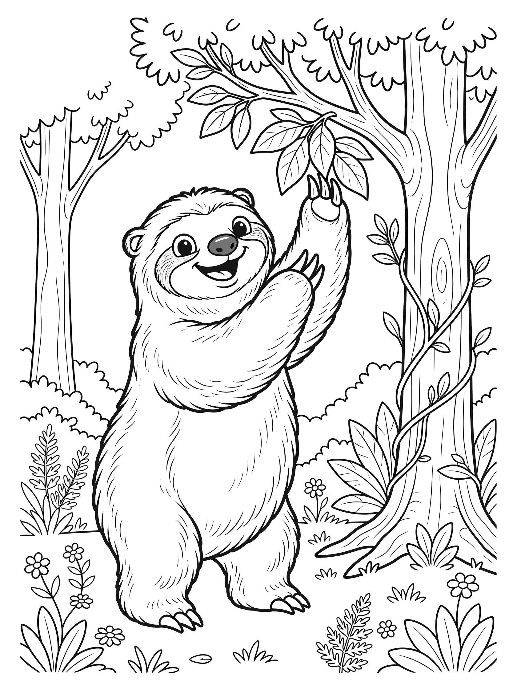 Cute cartoon Megatherium giant ground sloth reaching high with claws for tree leaves in a sunny forest clearing coloring page