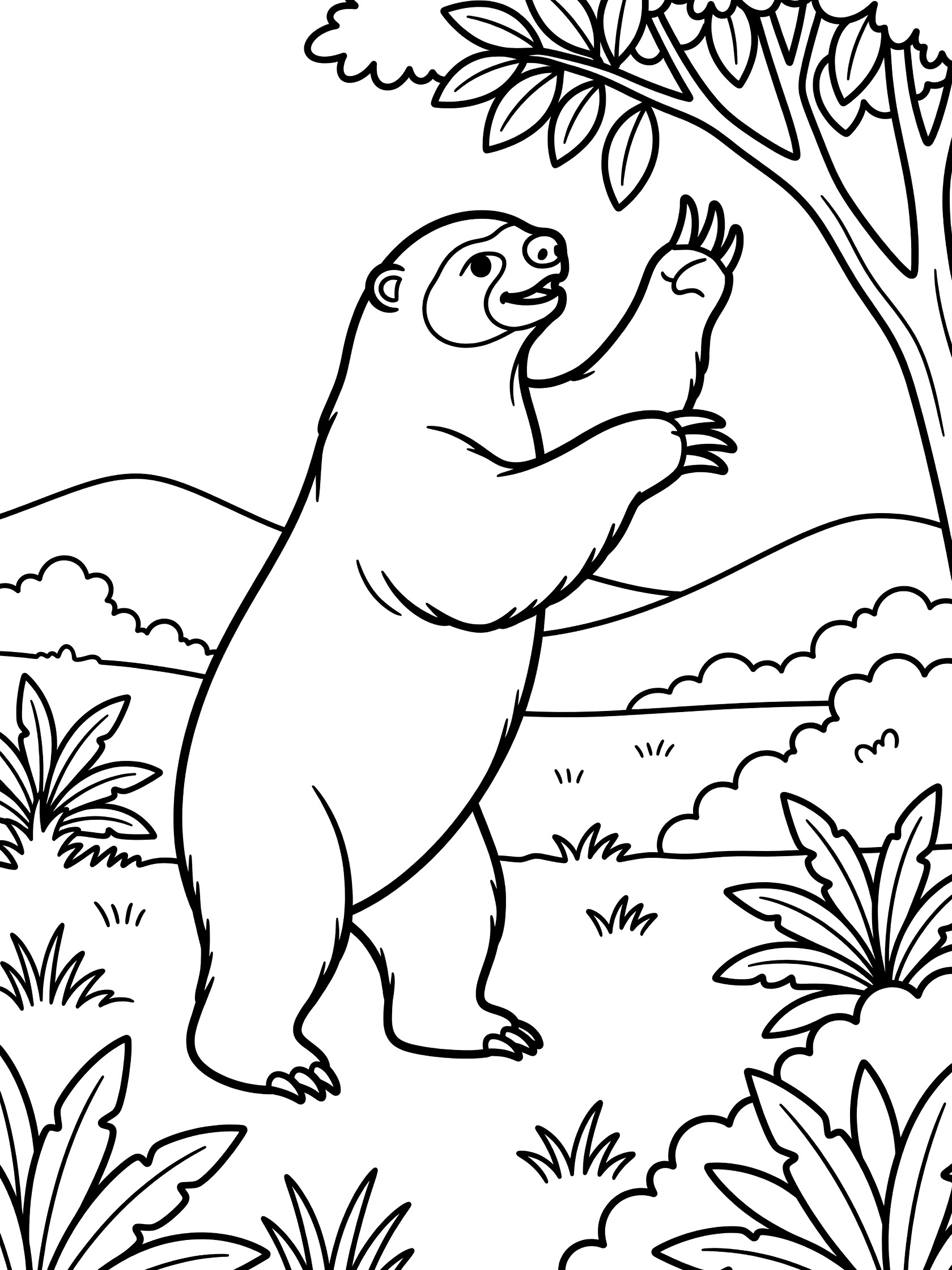 Black and white coloring page showing a Megatherium sloth standing tall on back legs with long claws reaching for leaves on a tree, surrounded by ferns and prehistoric hills.