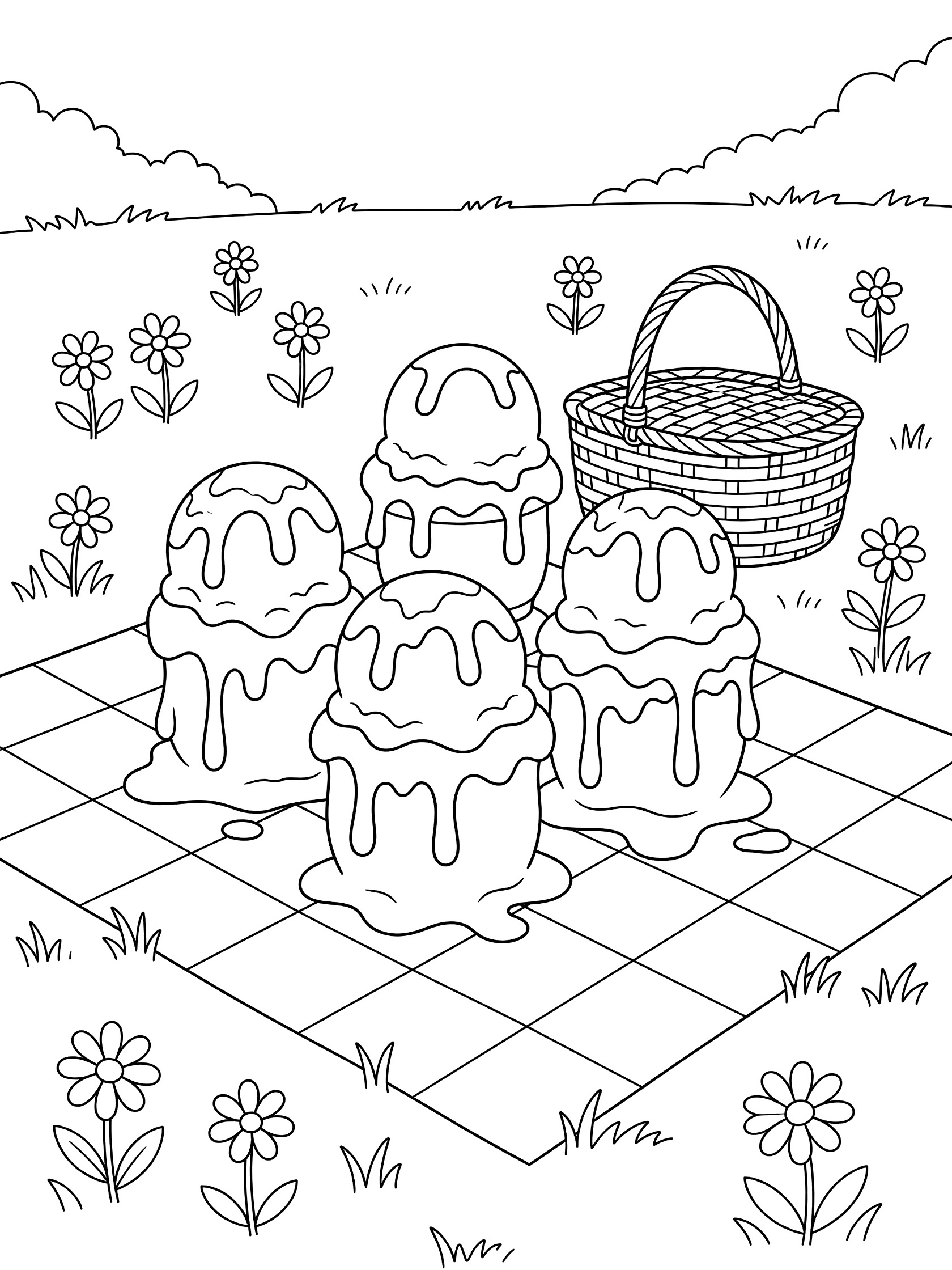 Printable coloring page of four melting ice cream sundaes on a checkered picnic blanket with wildflowers, picnic basket, and grass.