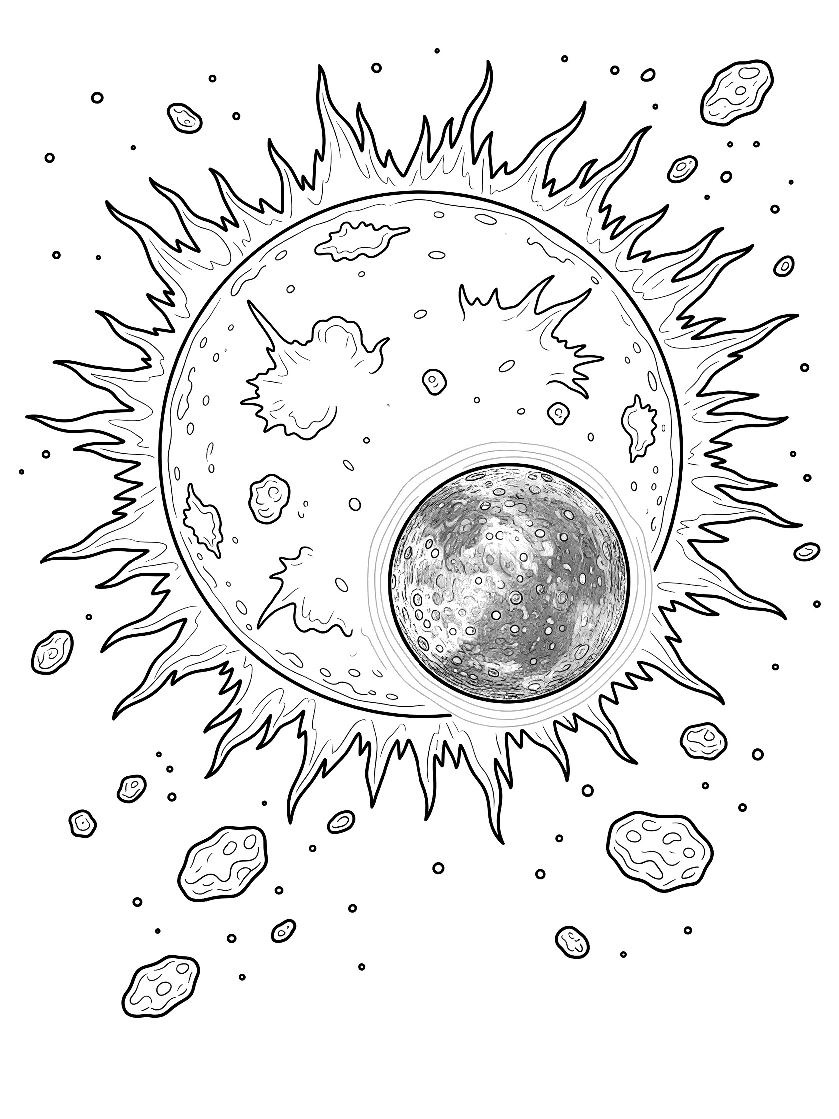 Line art coloring page showing Mercury planet with craters next to the Sun bursting with solar flares and scattered space rocks on white background