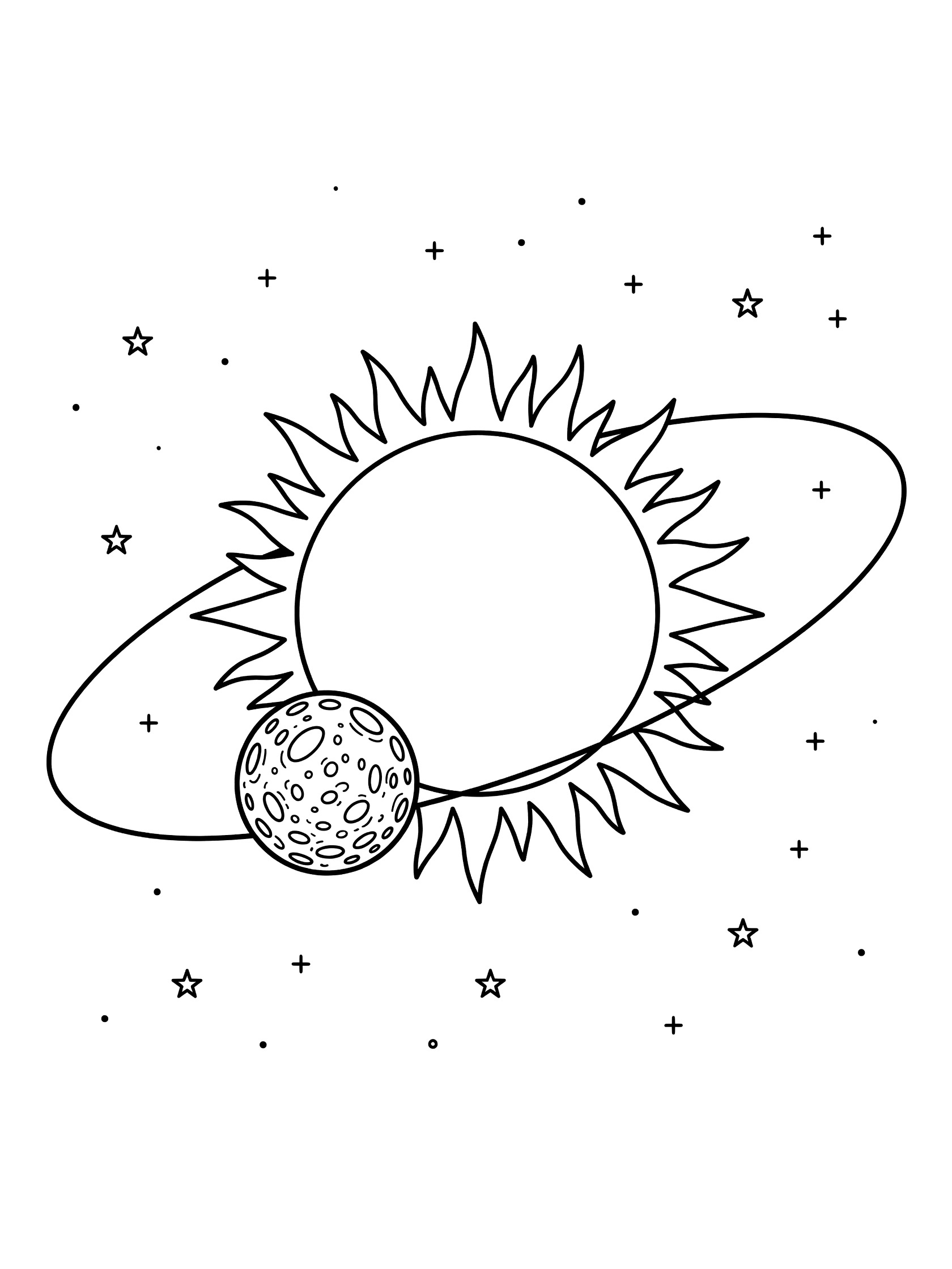Black and white line art of Mercury speeding in orbit around the Sun with craters, bold orbital path, Sun rays, and background stars