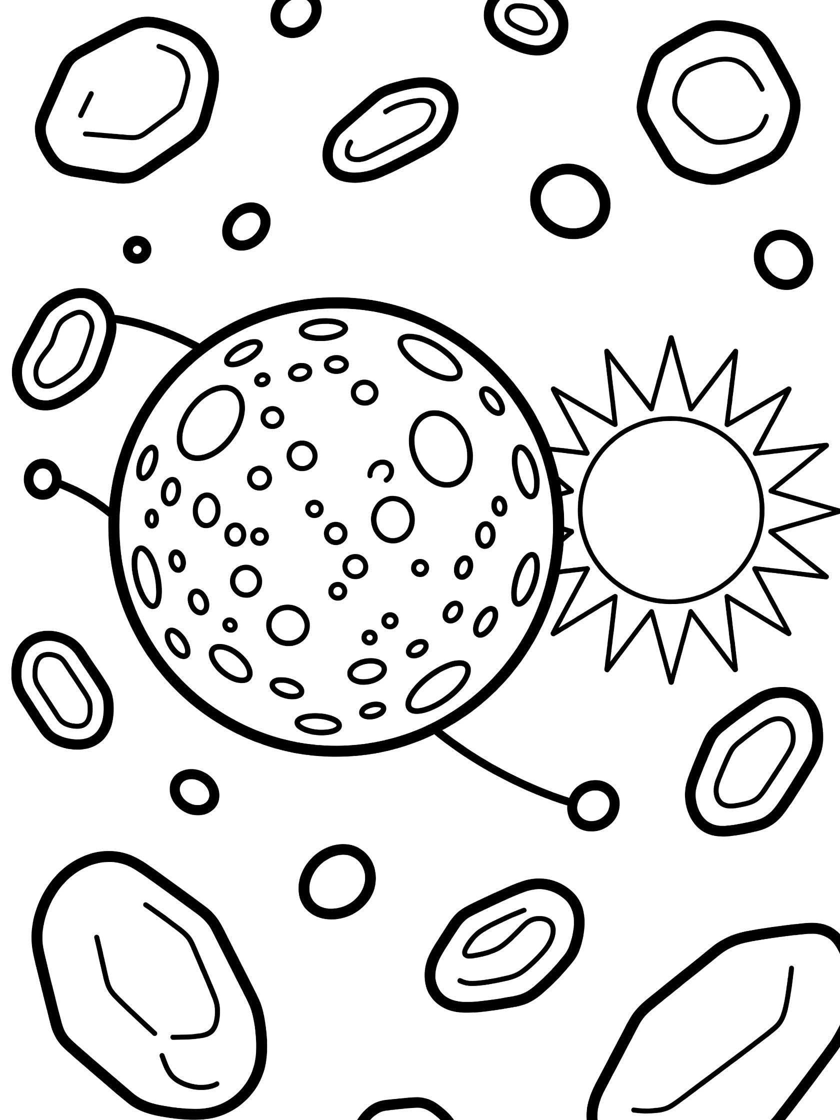 Black and white line art of Mercury planet with craters dodging asteroids near a radiant Sun, perfect for coloring