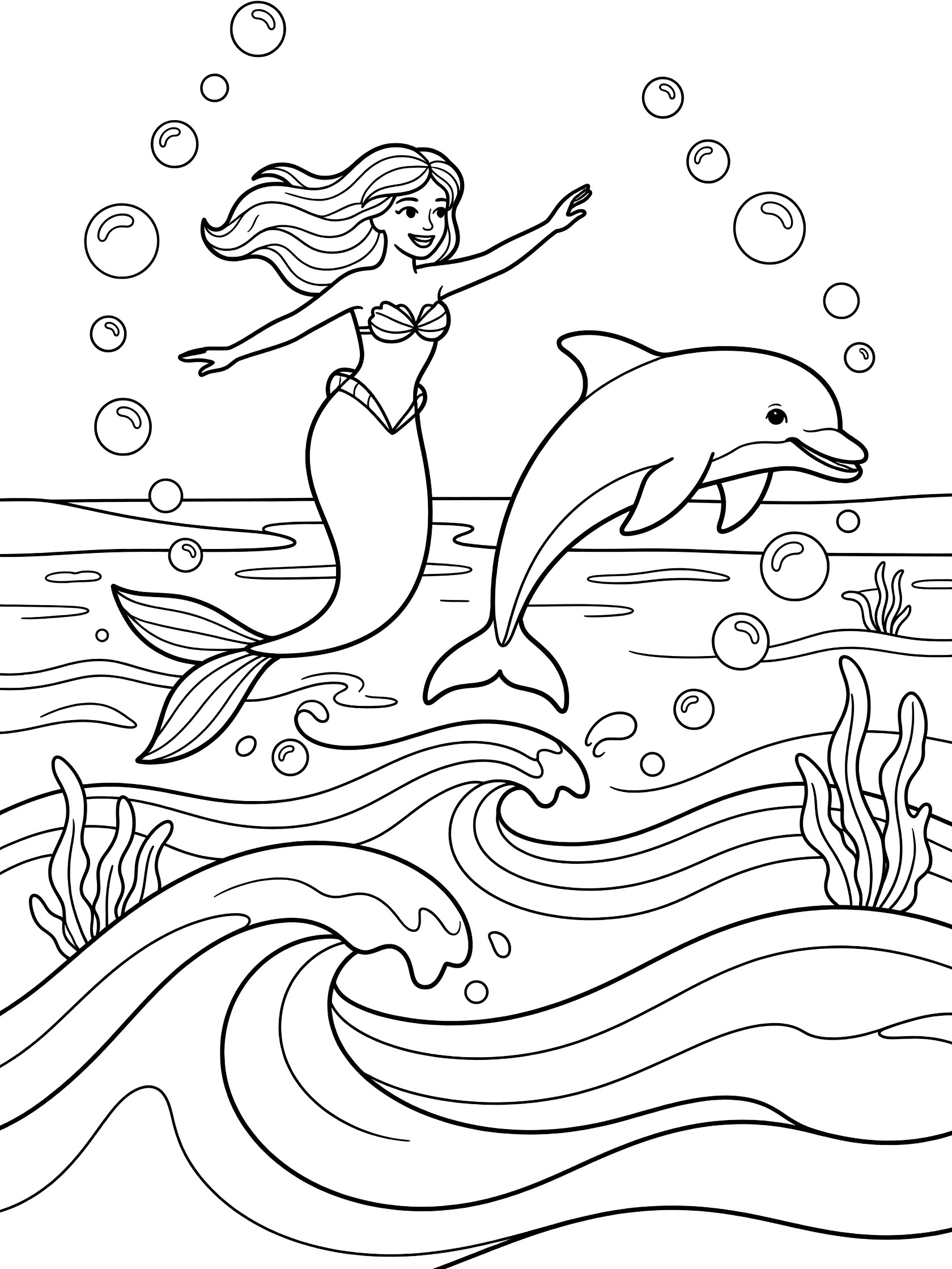 Black and white line art coloring page showing a mermaid with long hair and tail jumping next to a dolphin over waves with seaweed and bubbles. Mermaid Lagoon themed black and white printable line art