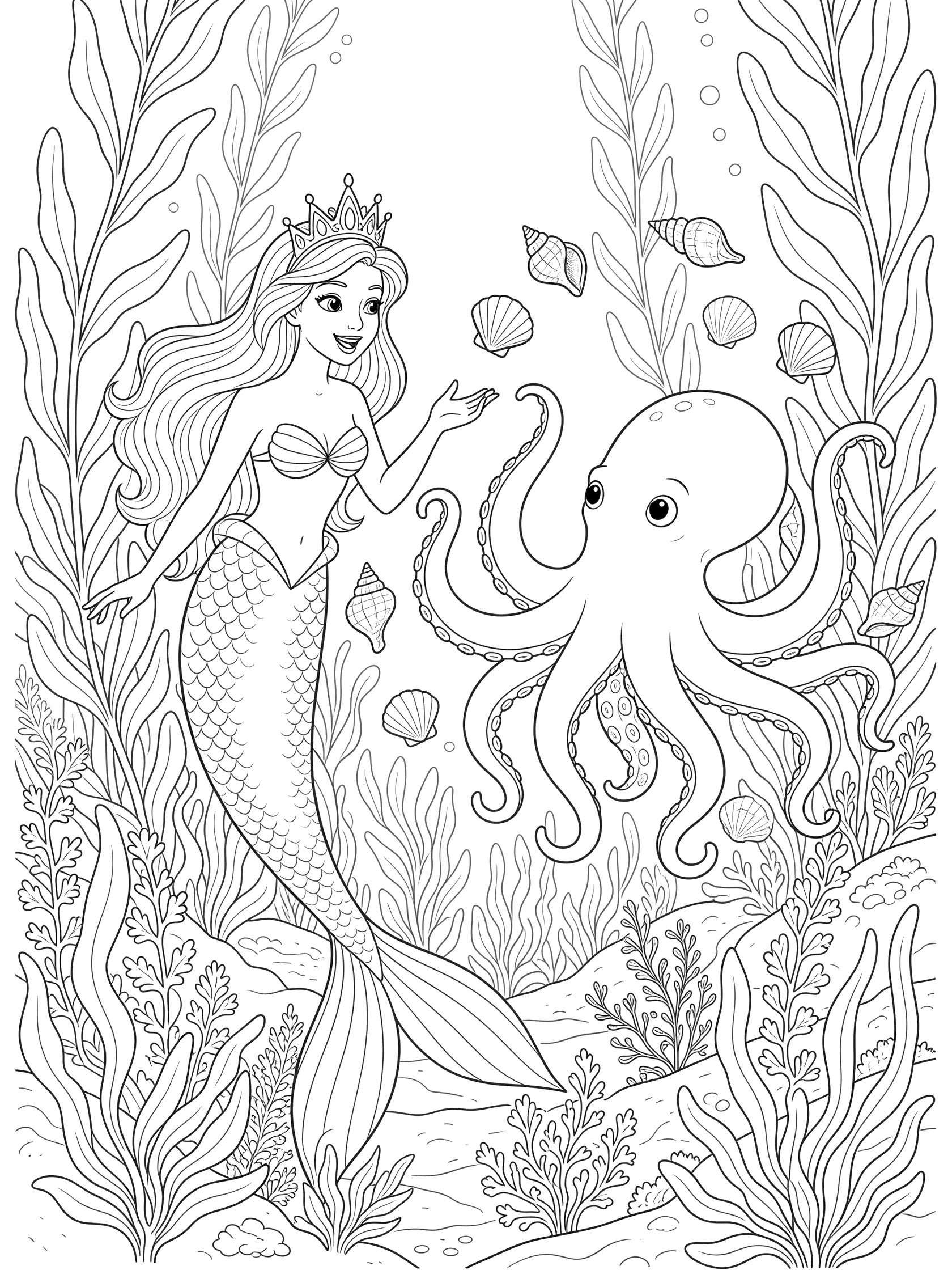 Black and white line art coloring page showing a mermaid with long hair, crown, and tail chatting with a big-eyed octopus holding shells, surrounded by tall seaweed.