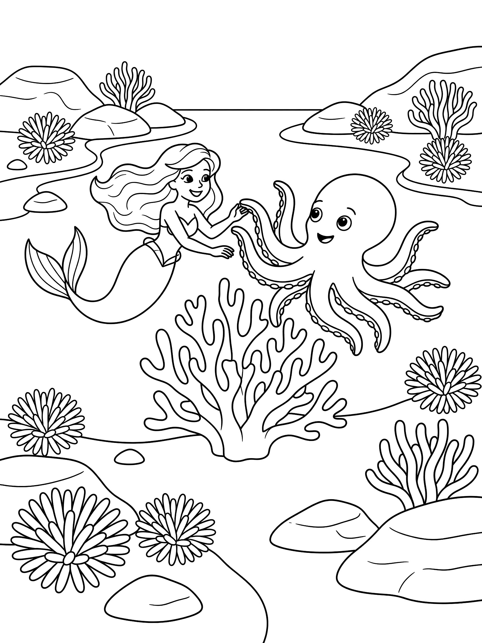 Black and white line art coloring page showing a smiling mermaid with long hair and tail reaching toward a happy octopus with waving tentacles, surrounded by coral, rocks, and anemones on a white background. Mermaid Lagoon themed black and white printable line art