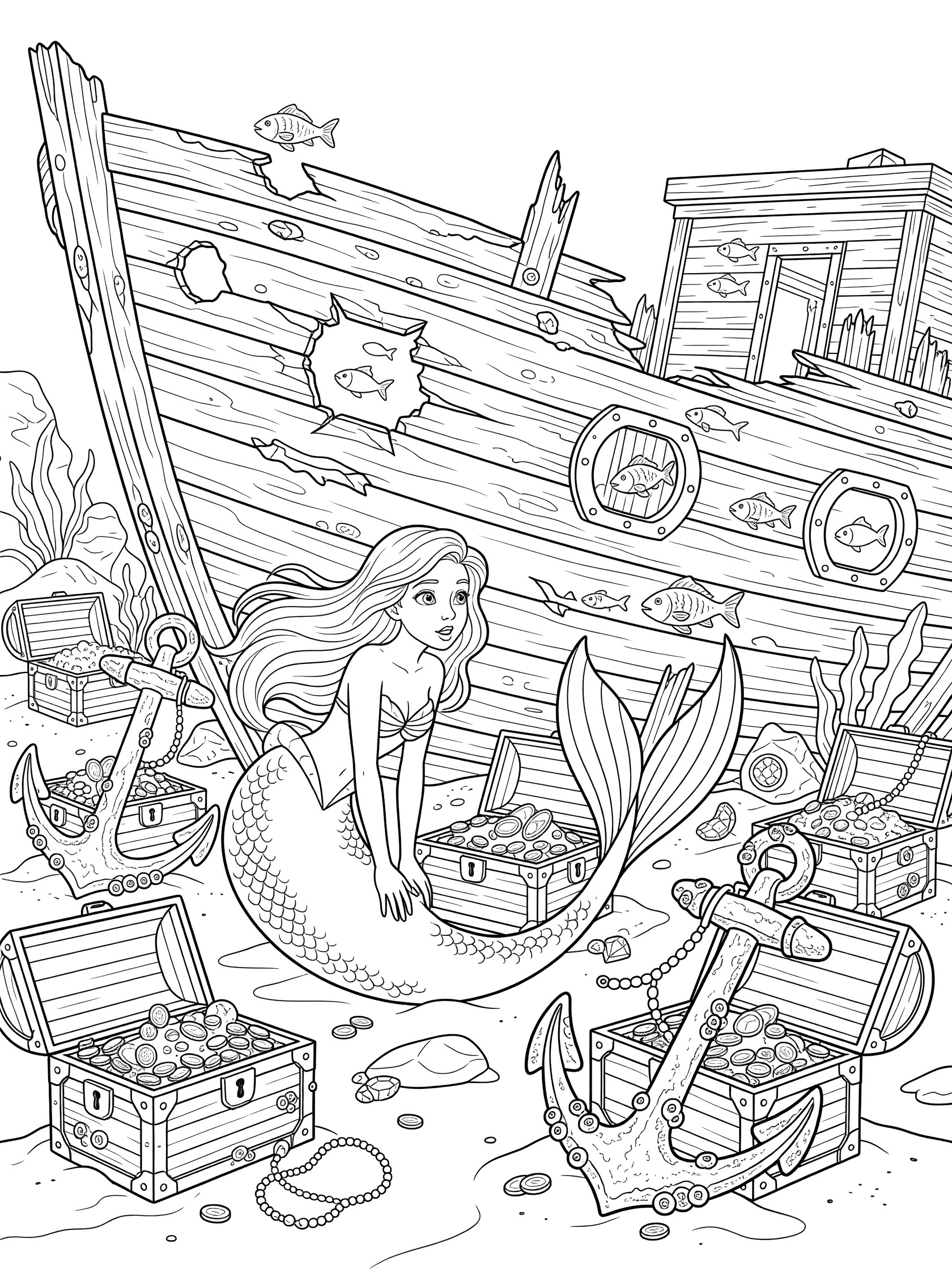 Black and white line art coloring page showing a mermaid peeking at a broken shipwreck surrounded by open treasure chests, anchors, coins, pearls and swimming fish. Mermaid Princess themed black and white printable line art