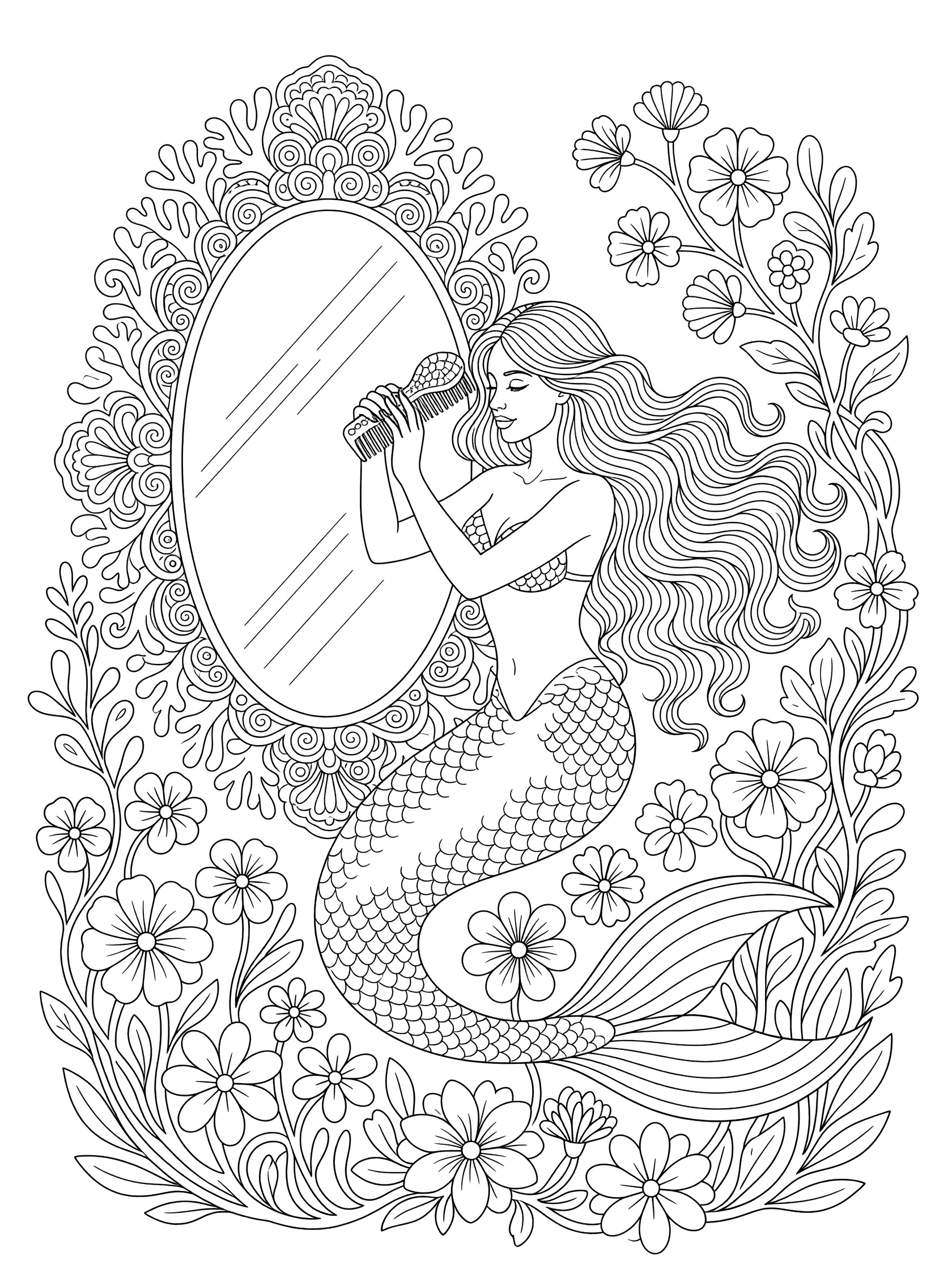 Black and white line art coloring page showing a mermaid brushing her flowing hair with a shell comb while looking in a fancy mirror with coral patterns, surrounded by flowers and vines.