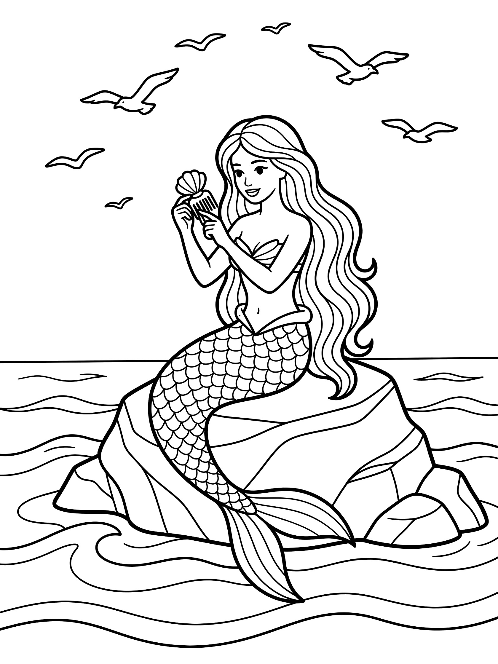 Black and white line art coloring page showing a mermaid with long hair and tail sitting on a big rock, combing hair with seashell comb, ocean waves around rock, seagulls flying above. Mermaid Princess themed black and white printable line art