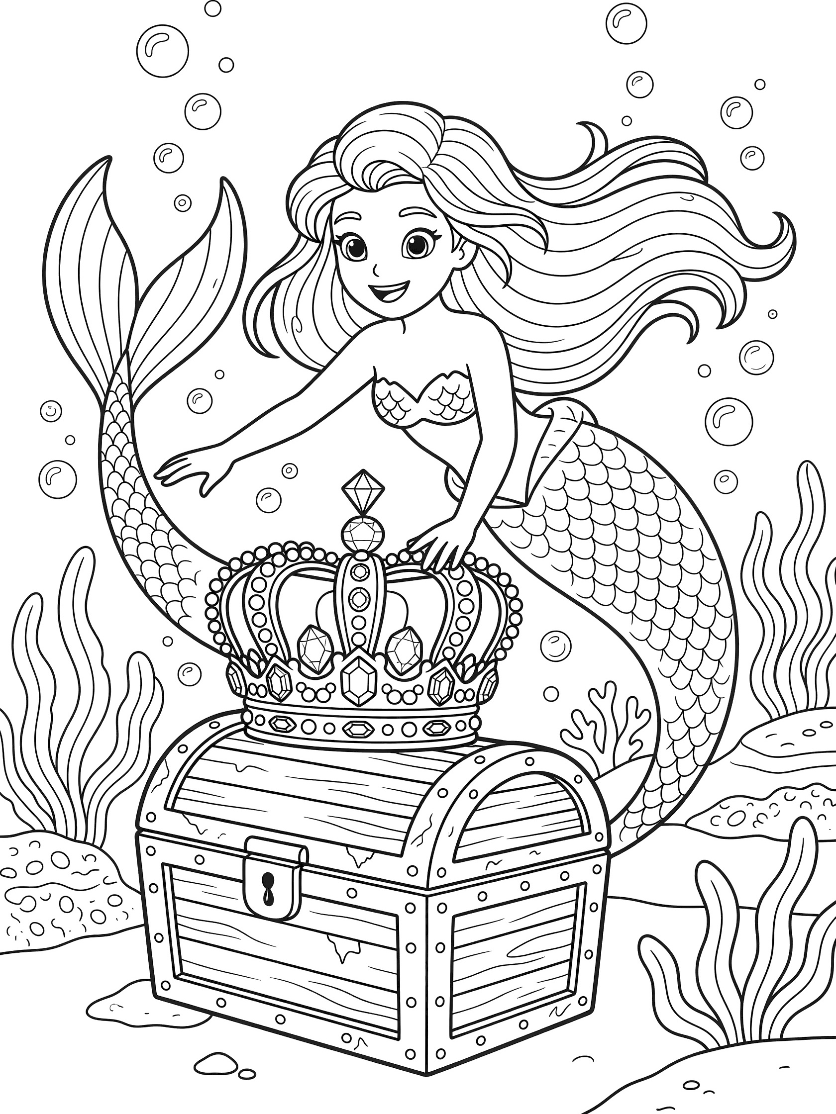 Cute mermaid discovering a treasure crown on a chest, with bubbles, seaweed, and her tail, black and white coloring book page