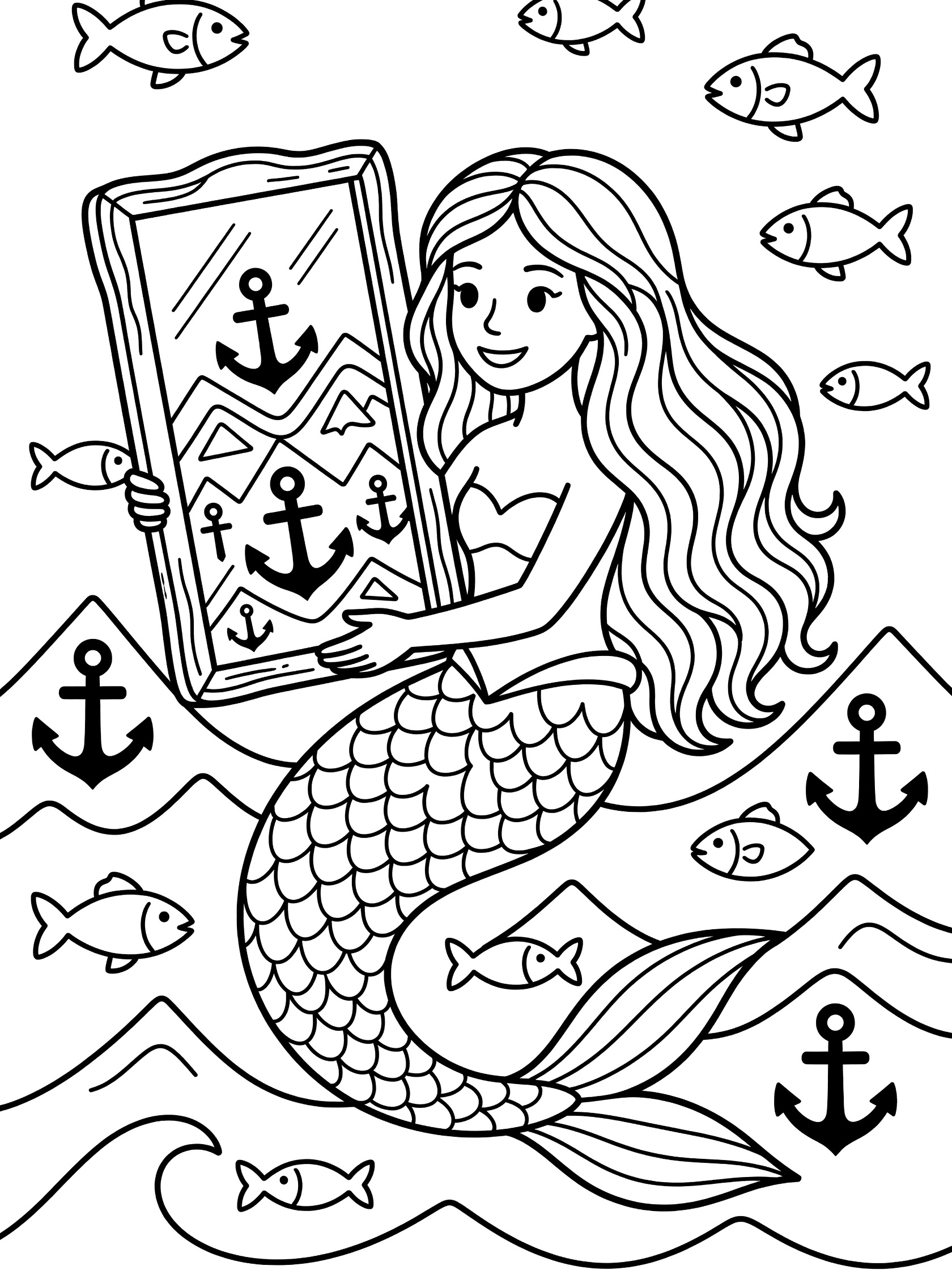 Black and white line art coloring page showing a smiling mermaid with long hair holding a large mirror. The mirror reflects anchors and wavy lines. Fish swim around her tail, with more anchors and waves in the scene. Mermaid Mirror themed black and white printable line art
