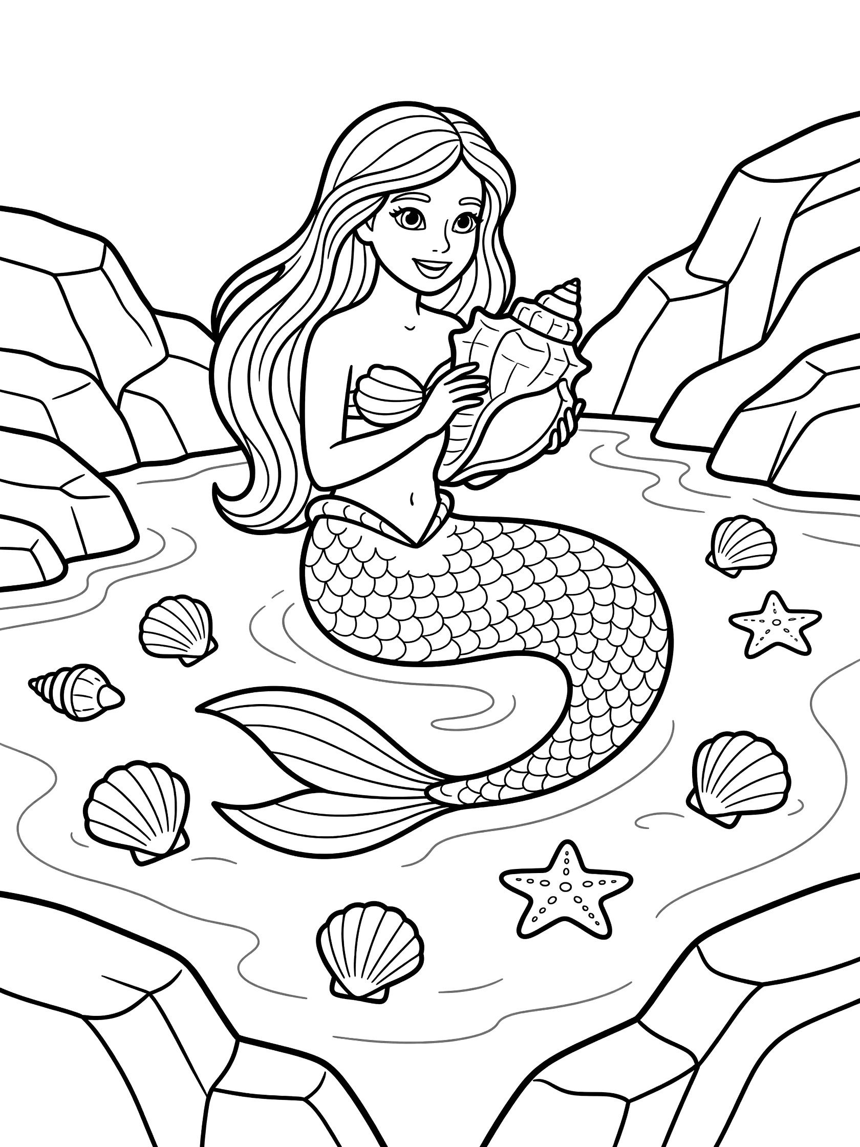Black and white line art coloring page showing a mermaid with long hair holding a large seashell, sitting in shallow water with rocks around her, small shells and a starfish nearby. Mermaid Lagoon themed black and white printable line art