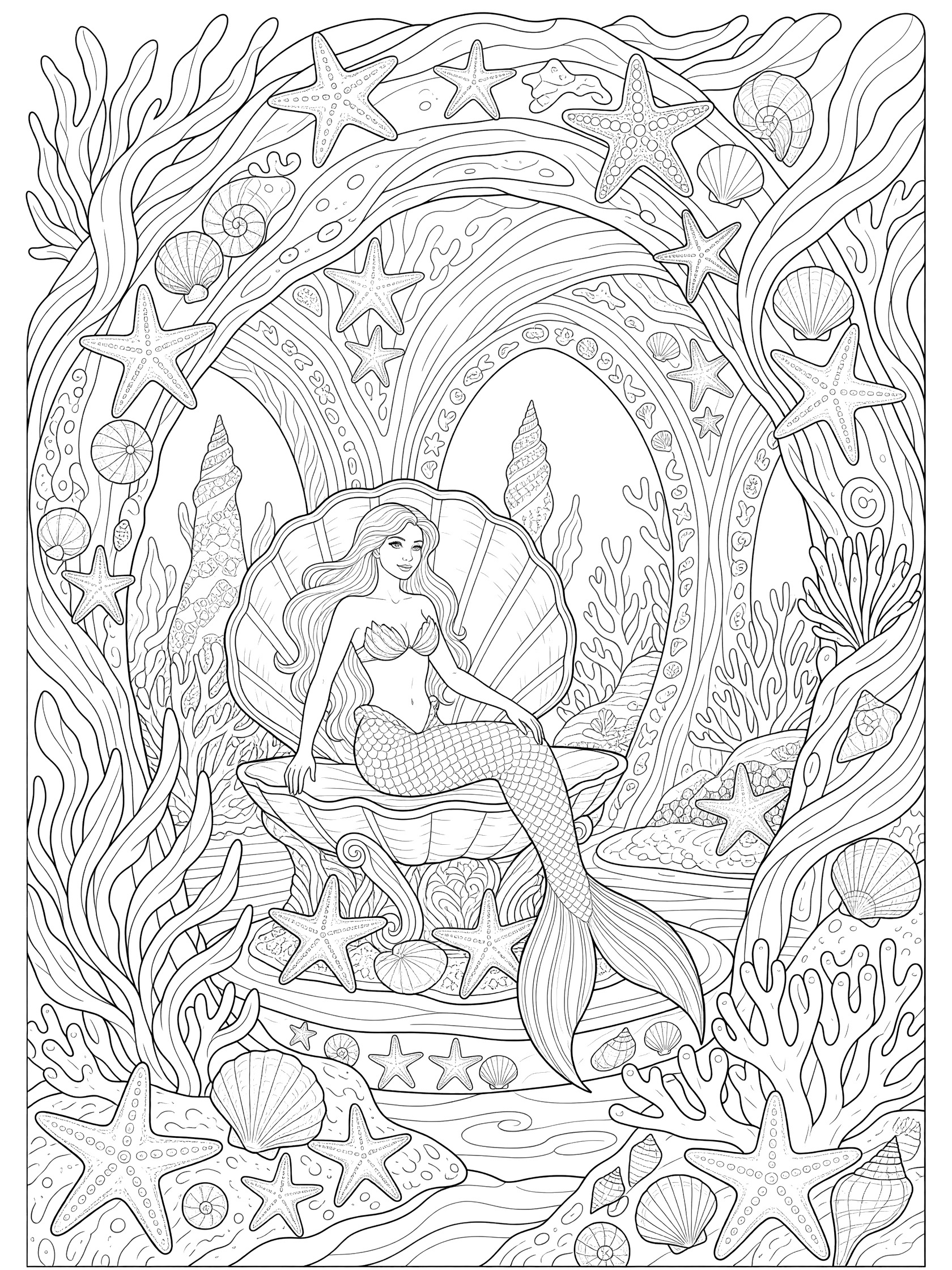 Black and white line art coloring page showing a mermaid lounging in a giant seashell with seaweed, starfish, coral, and swirling ocean details. Mermaid Princess themed black and white printable line art