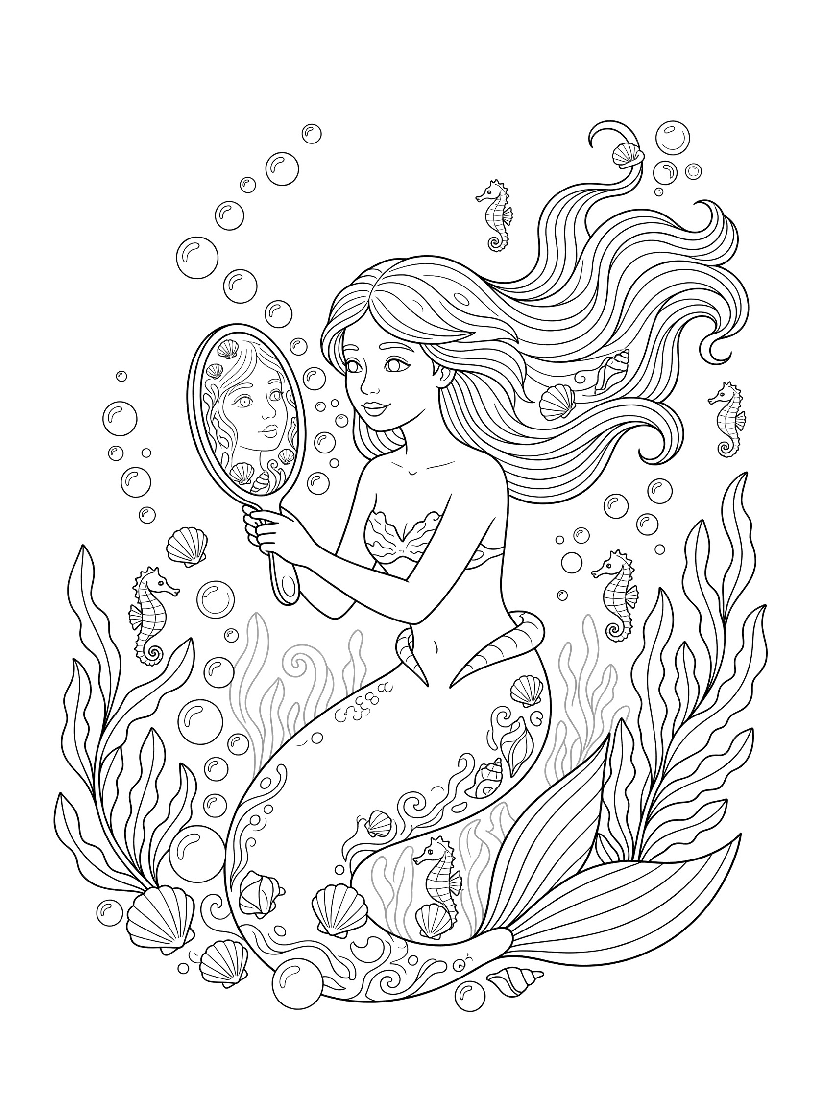 Black and white line art coloring page showing a mermaid with long flowing hair holding a handheld mirror, her reflection visible, surrounded by bubbles, seahorses, kelp plants and shells. Mermaid Mirror themed black and white printable line art