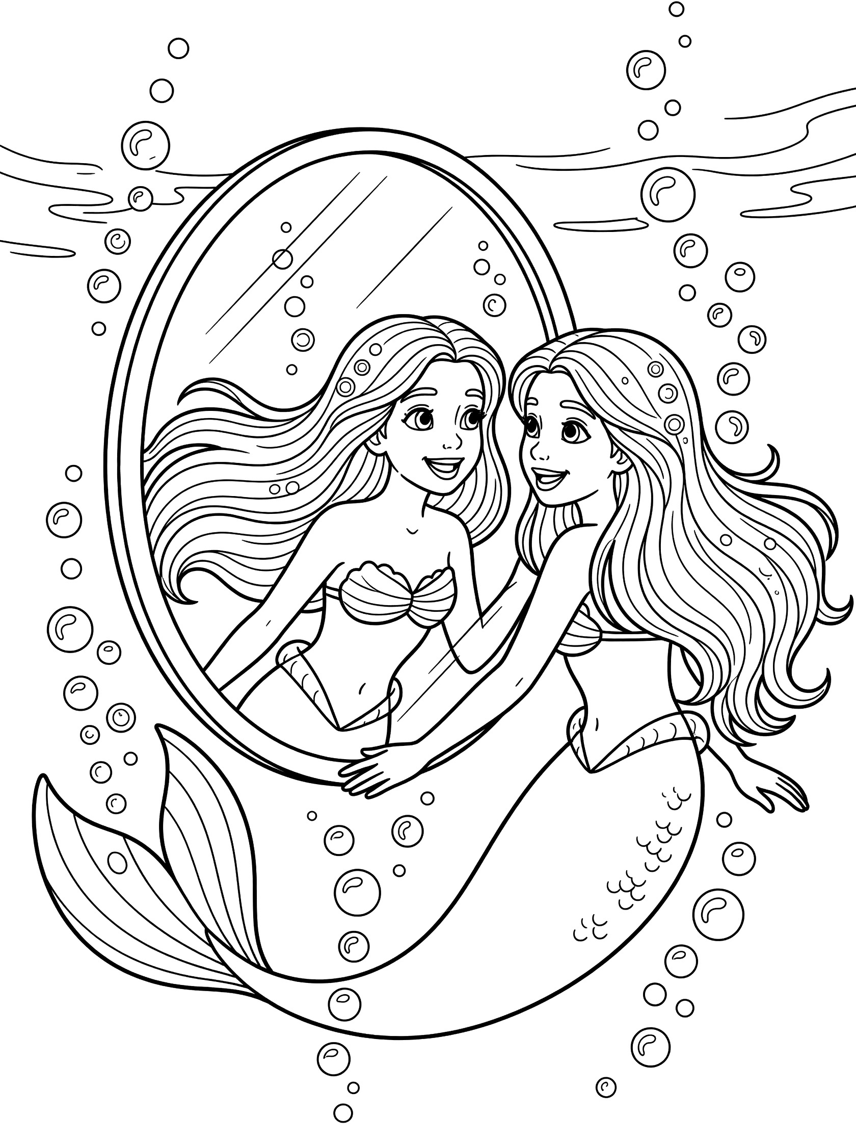 Black and white line art coloring page showing a smiling mermaid floating underwater in front of a shiny round mirror, looking at her reflection with long hair and tail surrounded by bubbles. Mermaid Mirror themed black and white printable line art