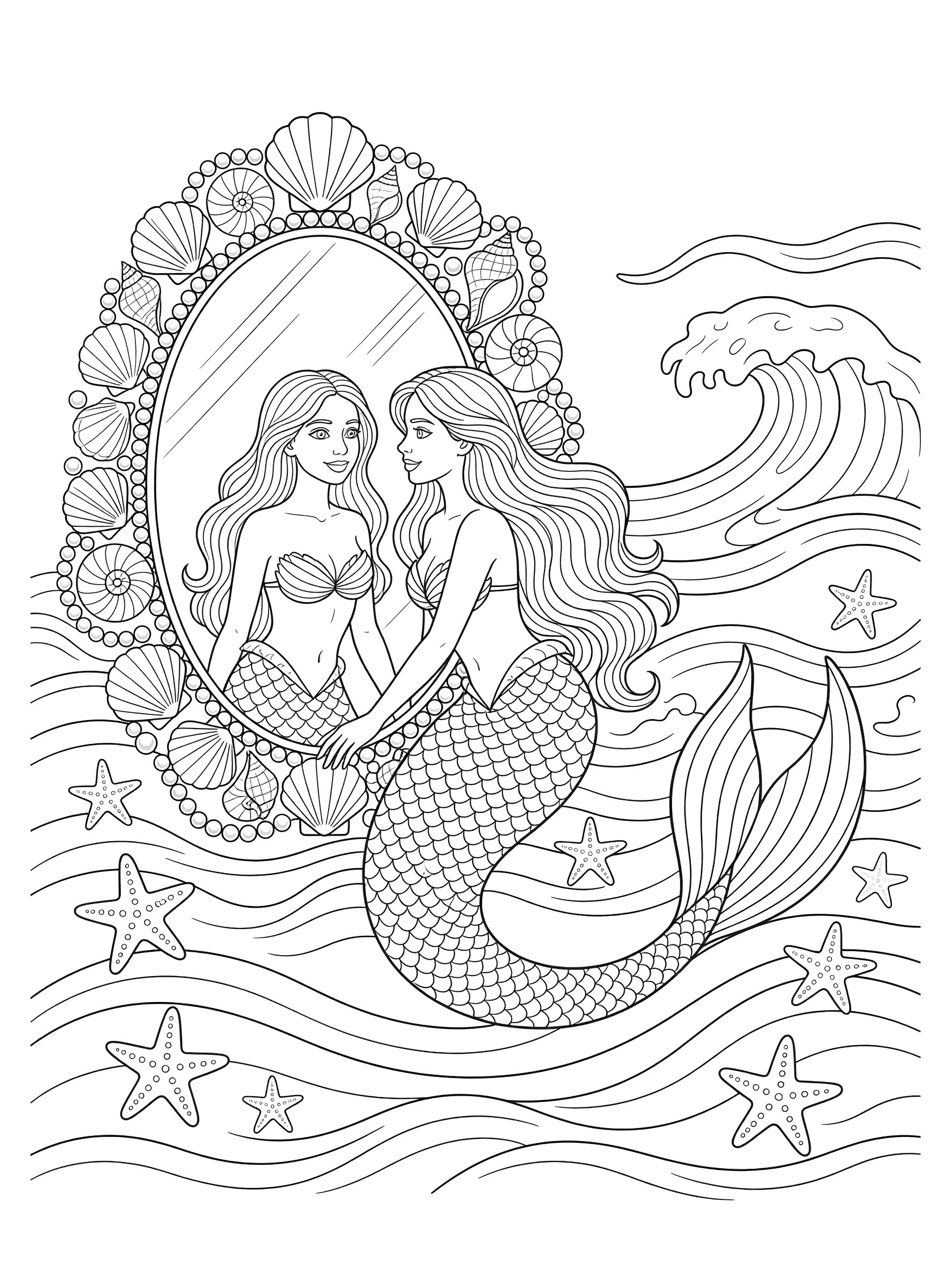 Black and white line art coloring page showing a mermaid with long hair admiring her reflection in an oval mirror framed by seashells, surrounded by wavy water lines and starfish. Mermaid Mirror themed black and white printable line art