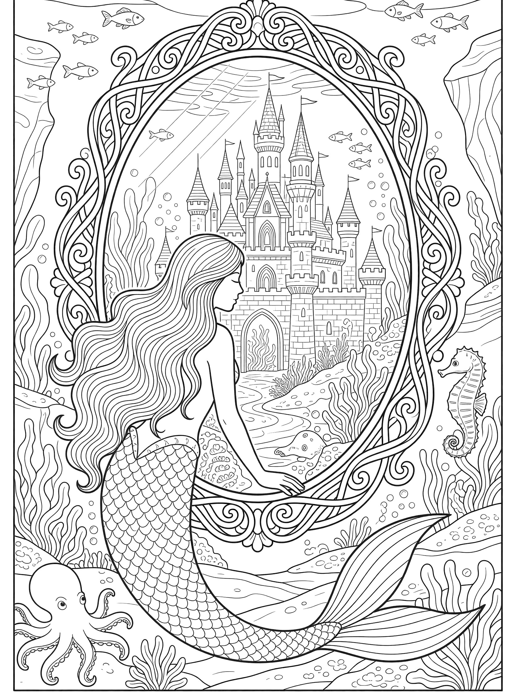 Black and white line art coloring page showing a mermaid with long hair and tail looking into an ornate oval mirror. The mirror reflects a tall castle with towers. Seahorse, octopus, fish, and plants surround the scene. Mermaid Mirror themed black and white printable line art