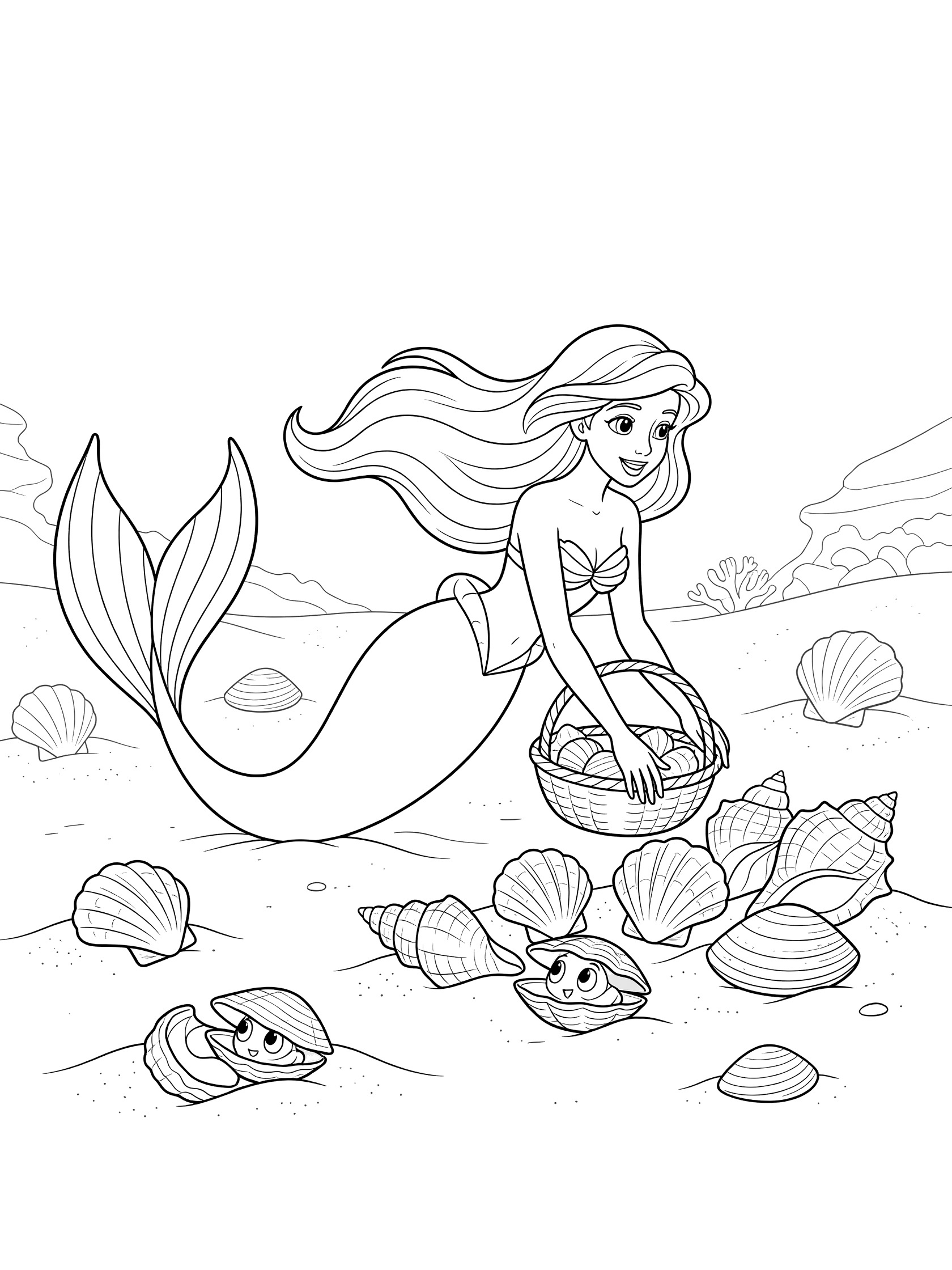 Black and white line art coloring page showing a mermaid with long hair and tail holding a basket of seashells, surrounded by clams and shells on sandy ocean floor. Mermaid Princess themed black and white printable line art
