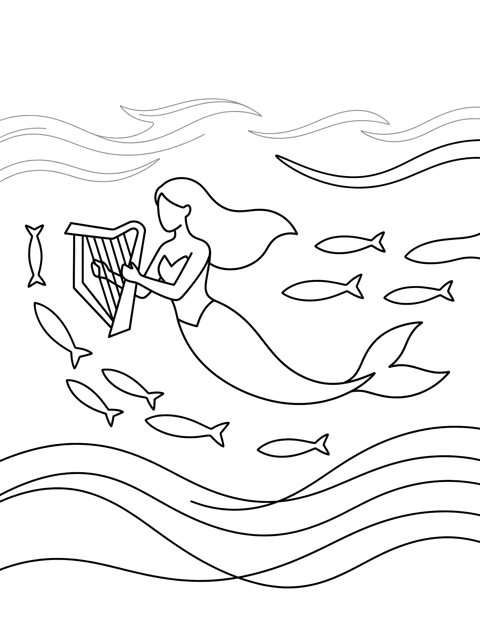 Black and white line drawing of a mermaid holding a harp, surrounded by fish and flowing ocean waves, coloring book style. Mermaid Harp themed black and white printable line art