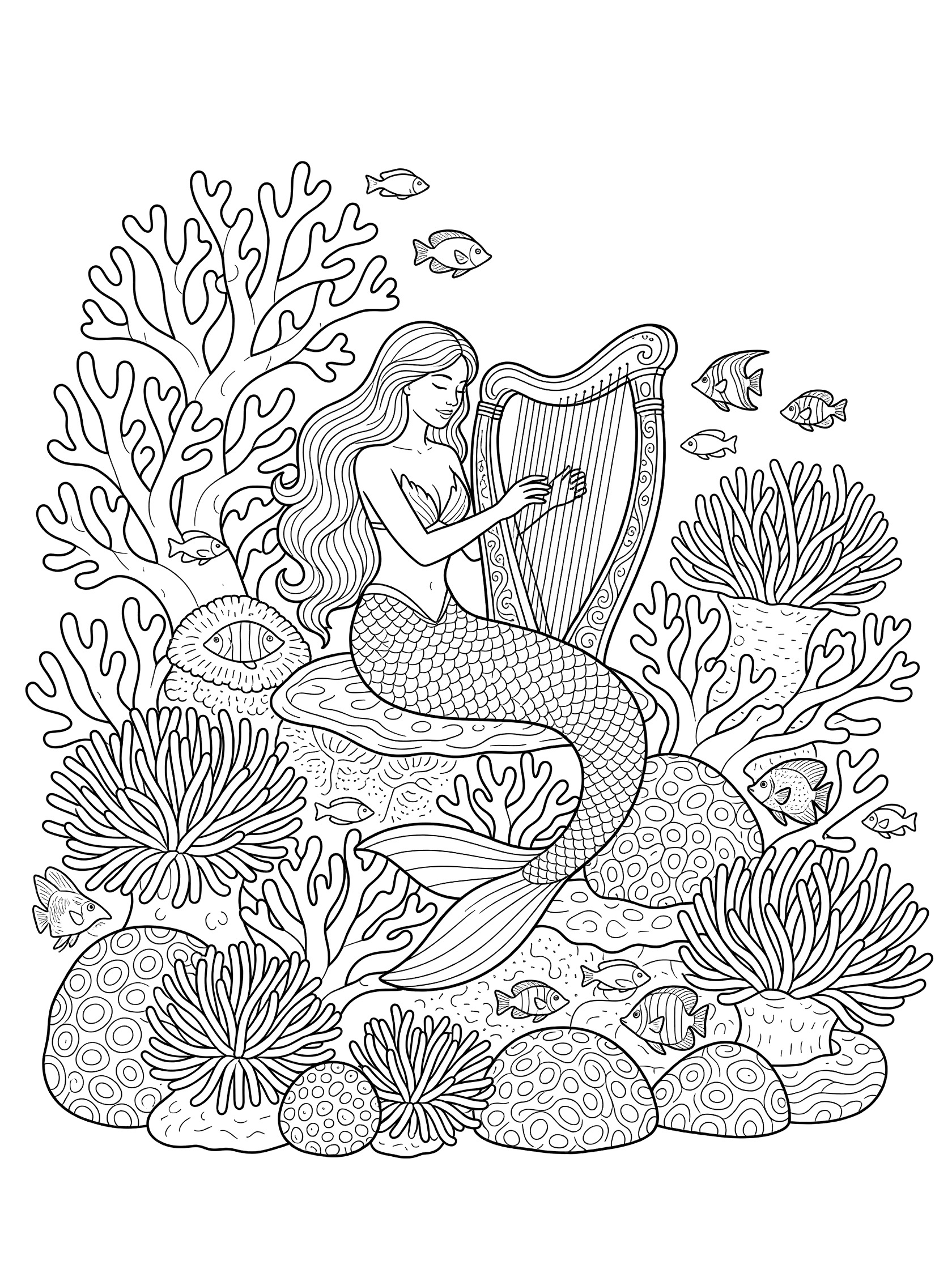 Black and white line art coloring page showing a mermaid lounging on coral reef plucking strings on ornate harp with small fish and swaying anemones