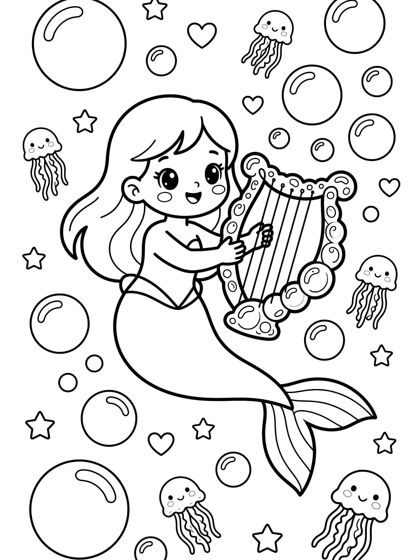 Kawaii style black and white line art coloring page showing a smiling mermaid with long hair and tail holding a harp surrounded by large bubbles, tiny jellyfish, hearts and stars.